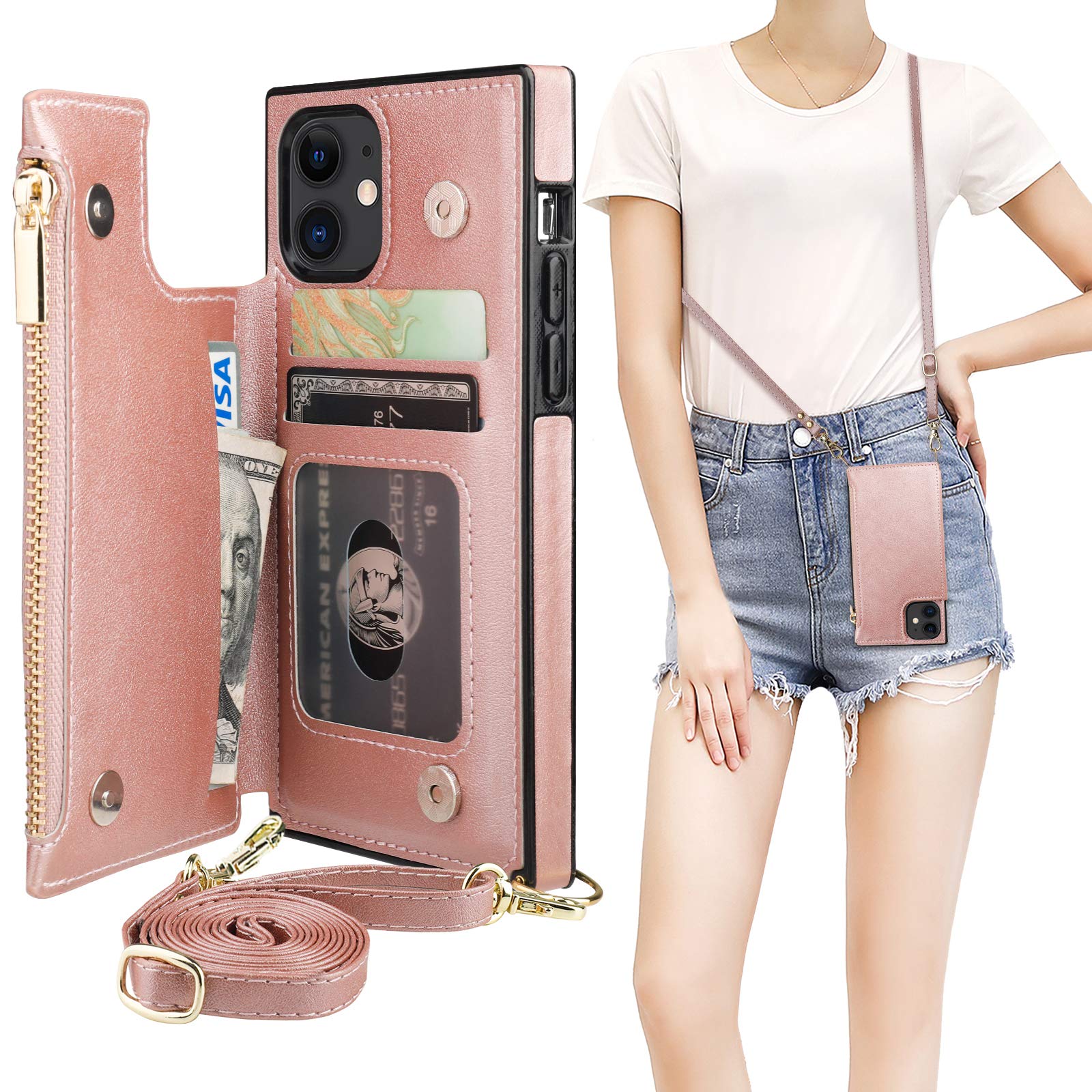 Bocasal Crossbody Wallet Case for iPhone 11 with Card Holder,Zipper Card Slot Protector Shockproof Purse Cover with Removable Cross Body Strap 6.1