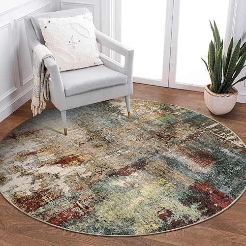 Lahome Modern Abstract Round Rug - 3Ft Small Red Washable Kitchen Round Area Rug Bedroom Circle Mat, Soft Low Pile Non Slip Indoor Throw Carpet for Cabinet Bathroom Living Room Office