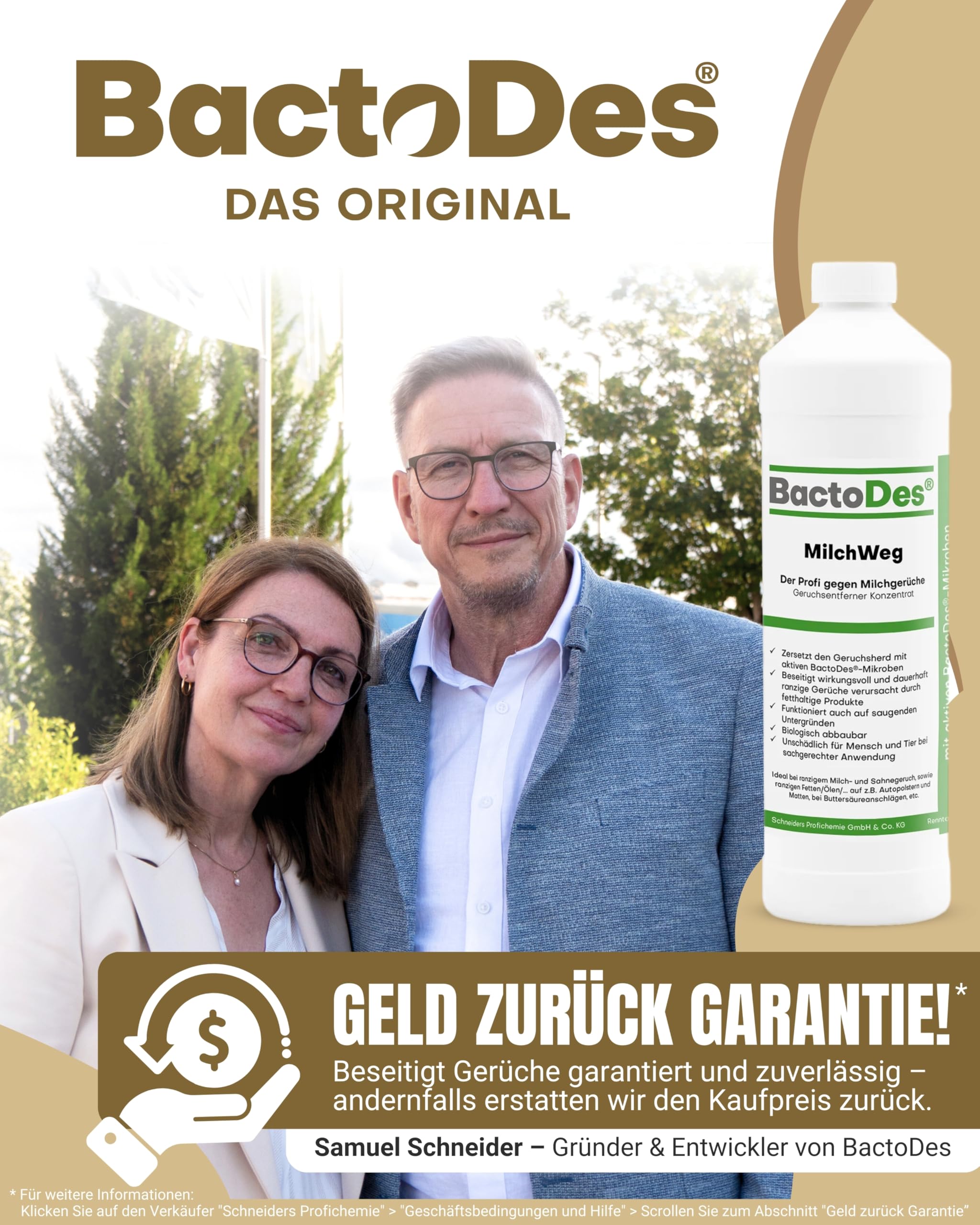 BactoDes - MilchWeg spezial Geruchsneutralisierer 2L Konzentrat mit Spray-Mischflasche - Enzymreiniger mit BIO Mikroben-Wirkung gegen Milchgeruch - Ranziger Fettgeruchsentferner für Sahne, Fett, Öl