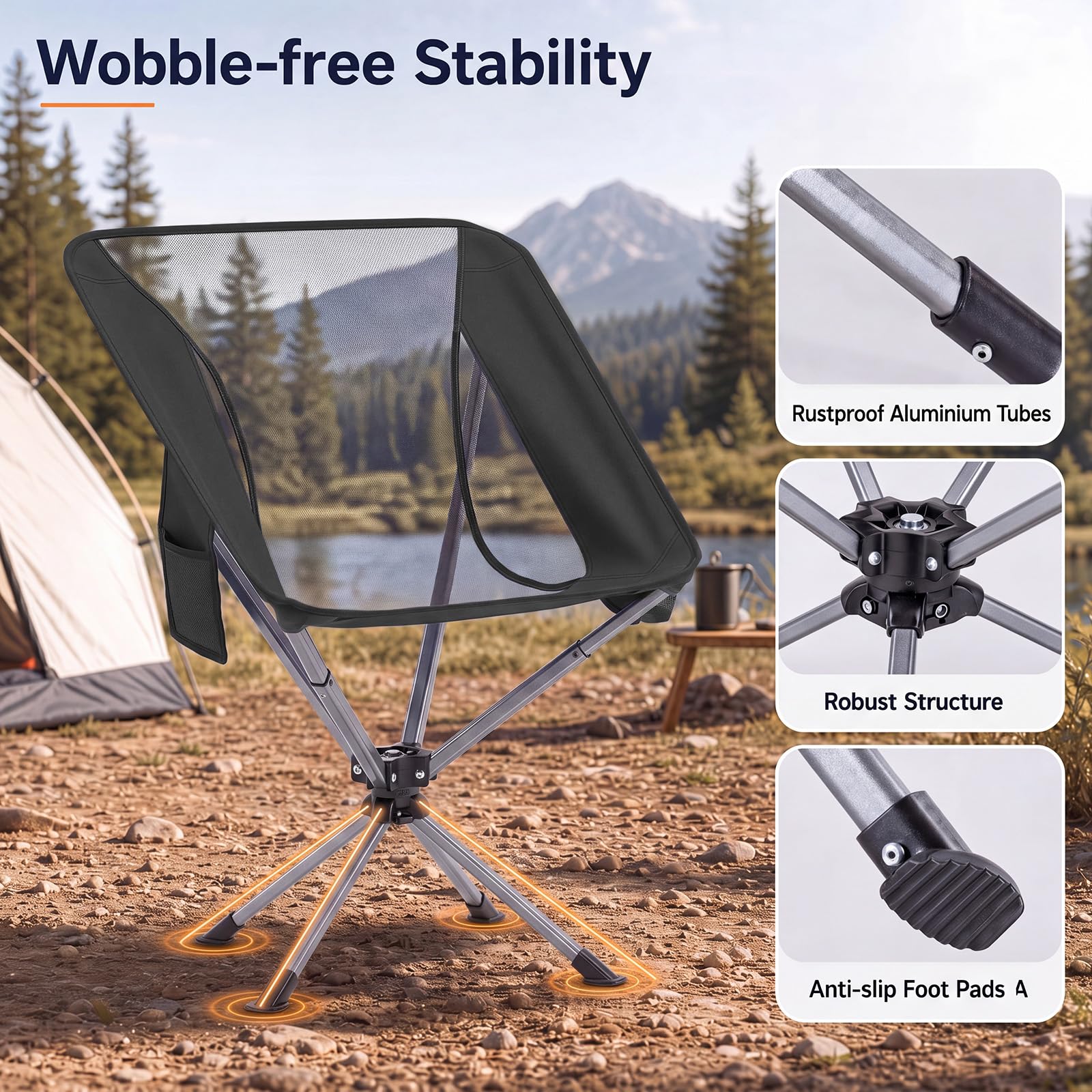 COSTWAY Campingstuhl Faltbar Ultraleicht Kleines Packmaß 360° Drehbar | Klappstuhl mit Getränkehalter & Seitentasche, Angelstuhl 150KG Belastbar, Faltstuhl für Picknick, Outdoor, Wandern