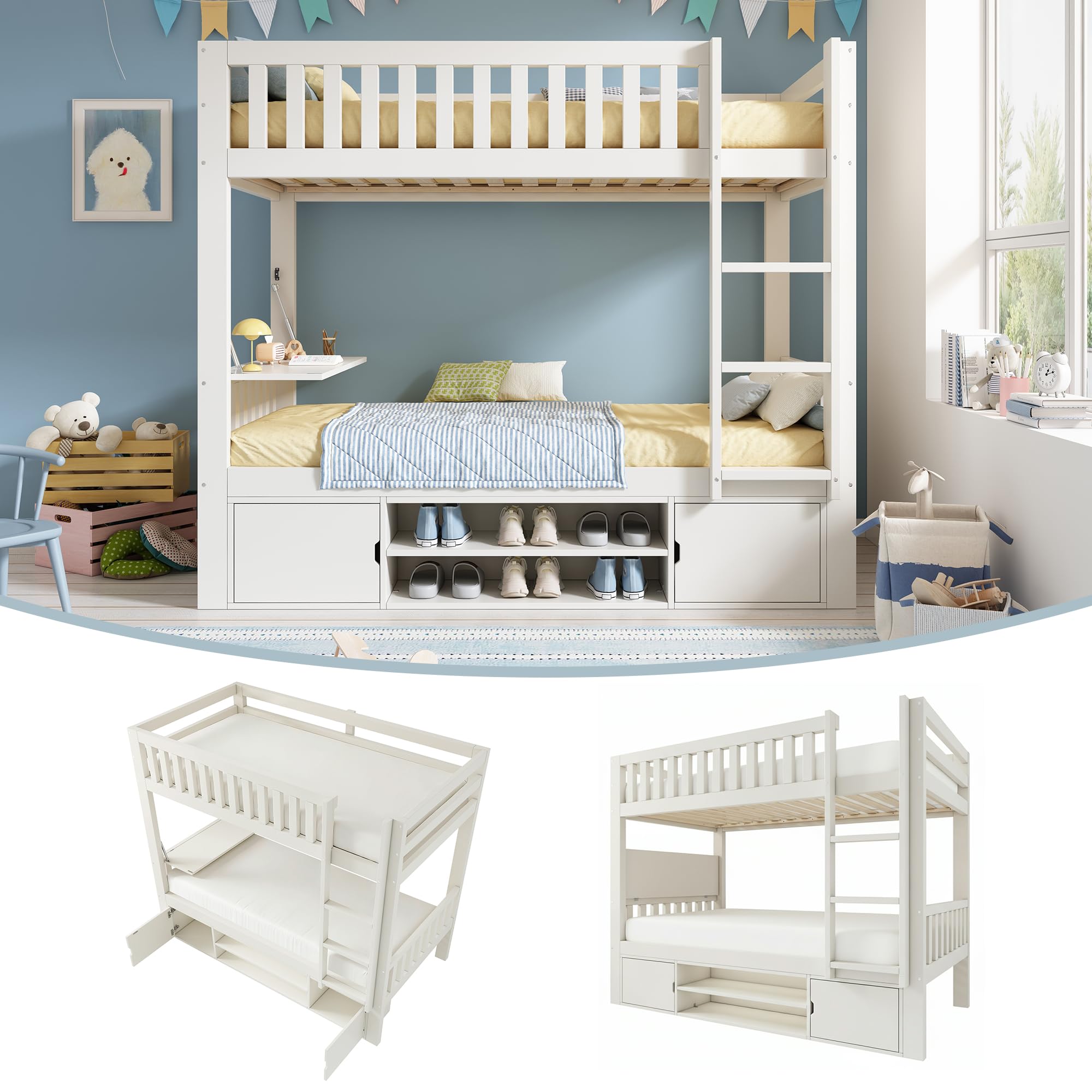 SACOOL Cama alta infantil blanca de 90 × 200 cm con tablero plegable y zapatero integrado, somier, solución todo en uno, certificado EN 747, sin colchón, color blanco