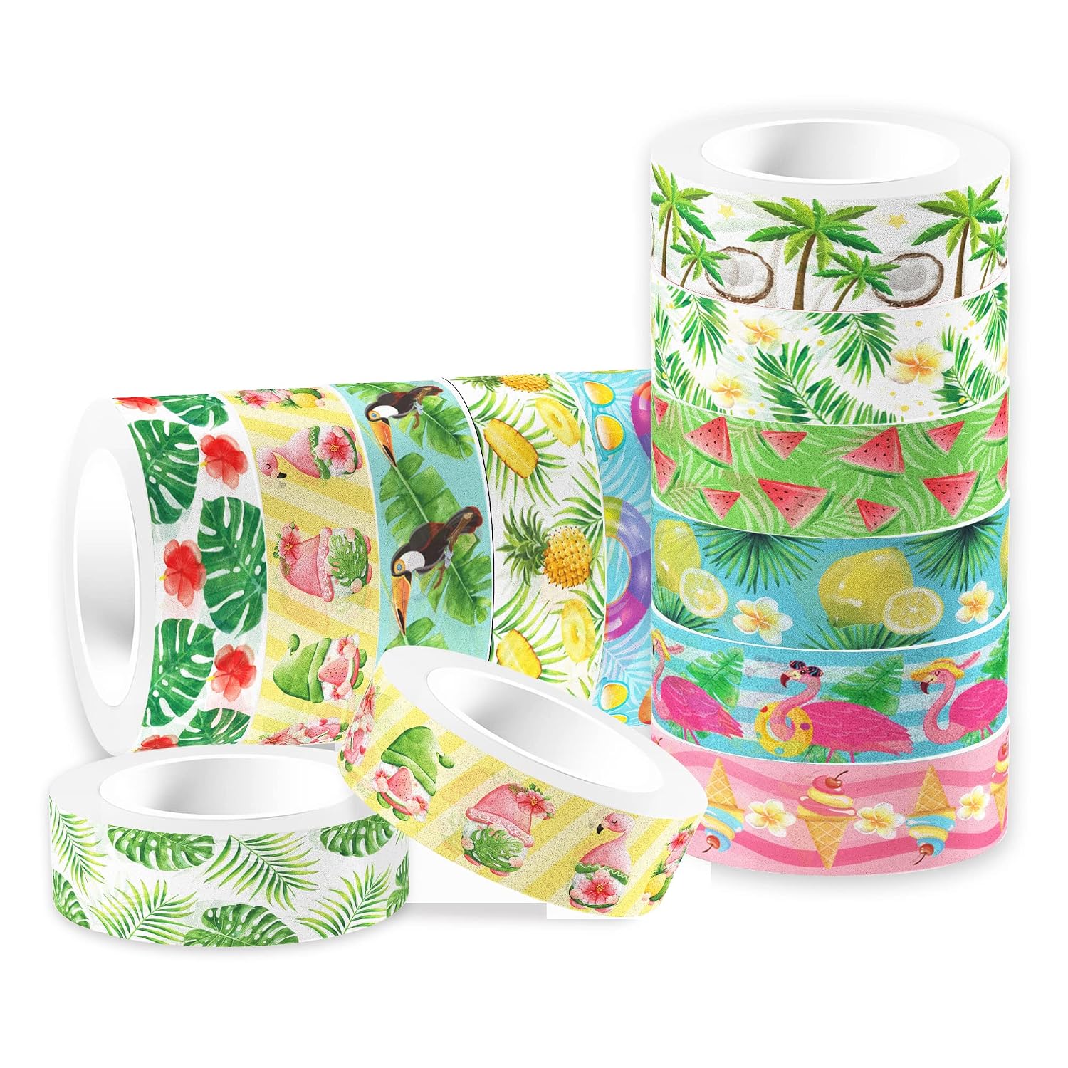 12 Pcs Summer Fruits Washi Tape Green Hawaiian Leaves Cactus Masking Tape Hawaii Flamingo Pineapple Watermelon Lemon Ice Cream Pool Beach Pattern Decorative Paper Sticker for Scrapbook DIY Craft Gift