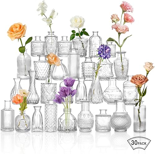 Juego de 30 jarrones de cristal transparente para centros de mesa, jarrones de cristal vintage a granel adecuados para bodas, fiestas o decoración