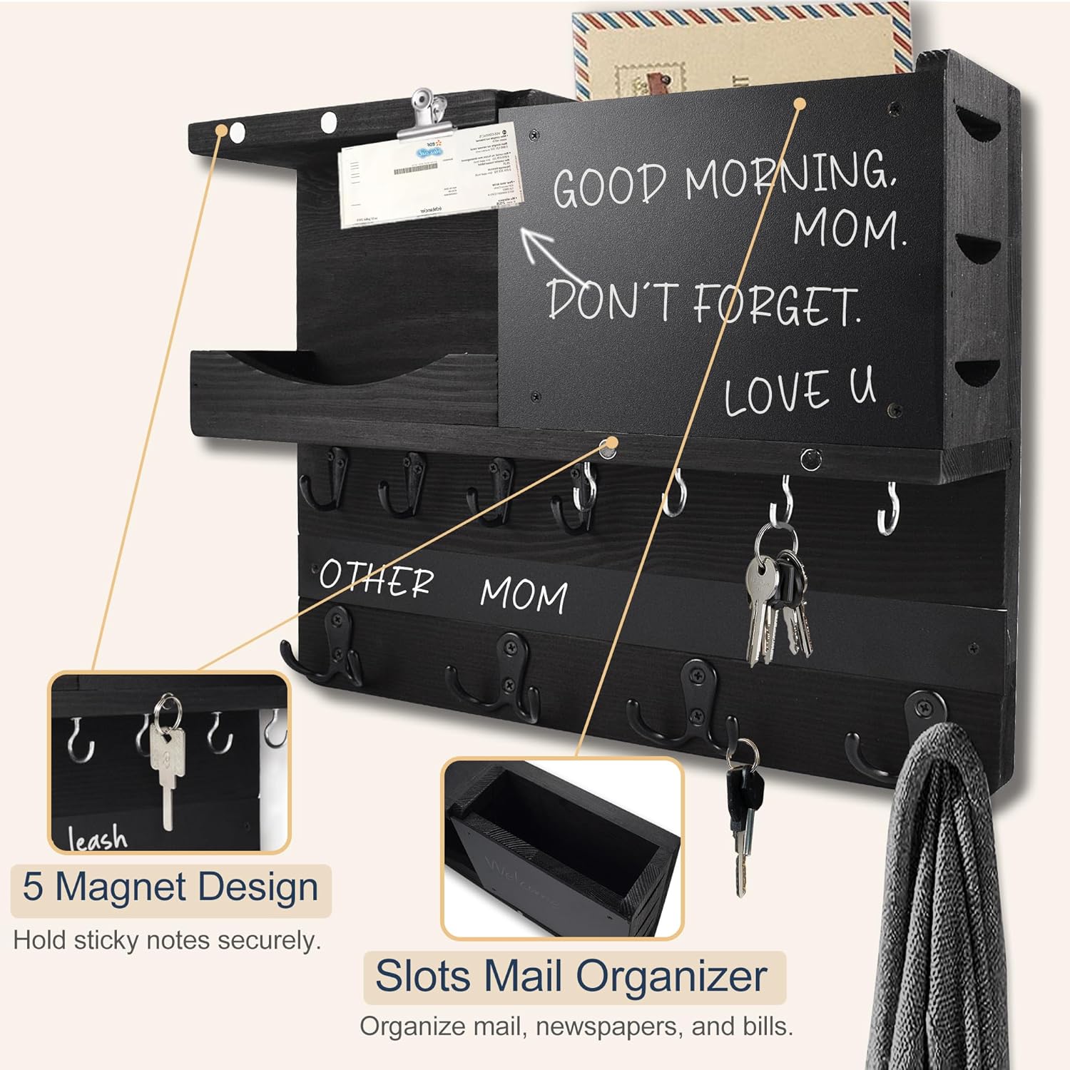 Key Holder for Wall Mount with Shelf and Mail Organizer, Key and Mail Holder with 16 Hooks, Farmhouse Entryway Organizer, Home Decor Rack (Pine Wood, Black)