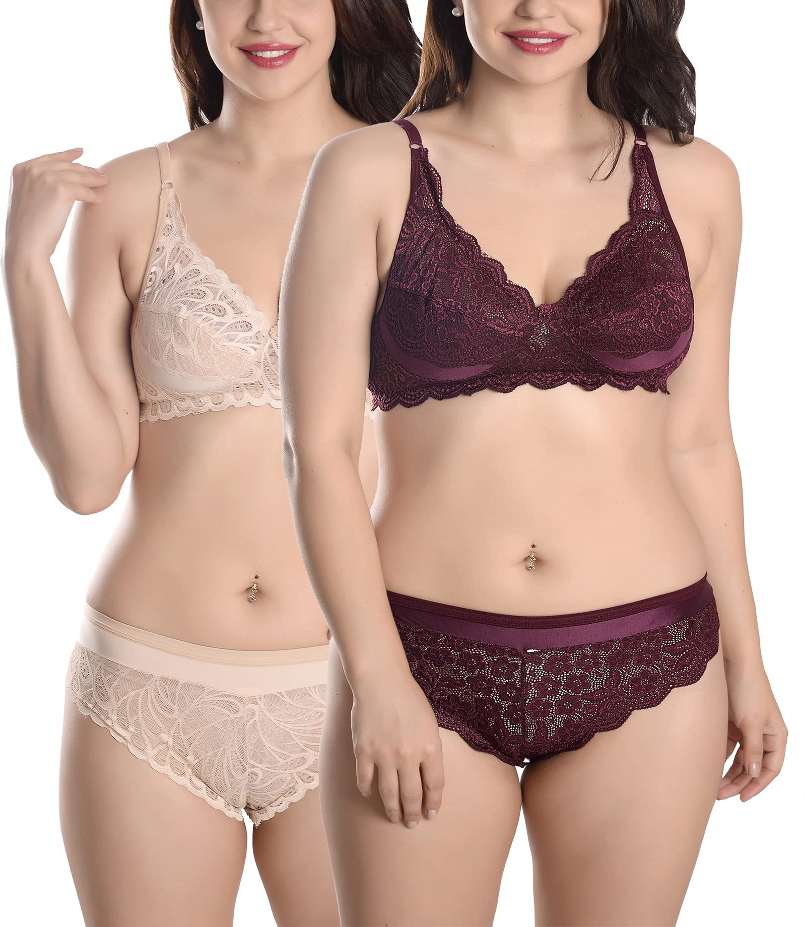 fims - fashion is my style Soft Lycra Stretchable Bra Panty Set for Women, Non-Padded, Non-Wired, Seamed, Floral Print, Full Coverage, Lingerie Set, Beige Maroon, Cup-B, Pack of 2, Size- 38-picture-39