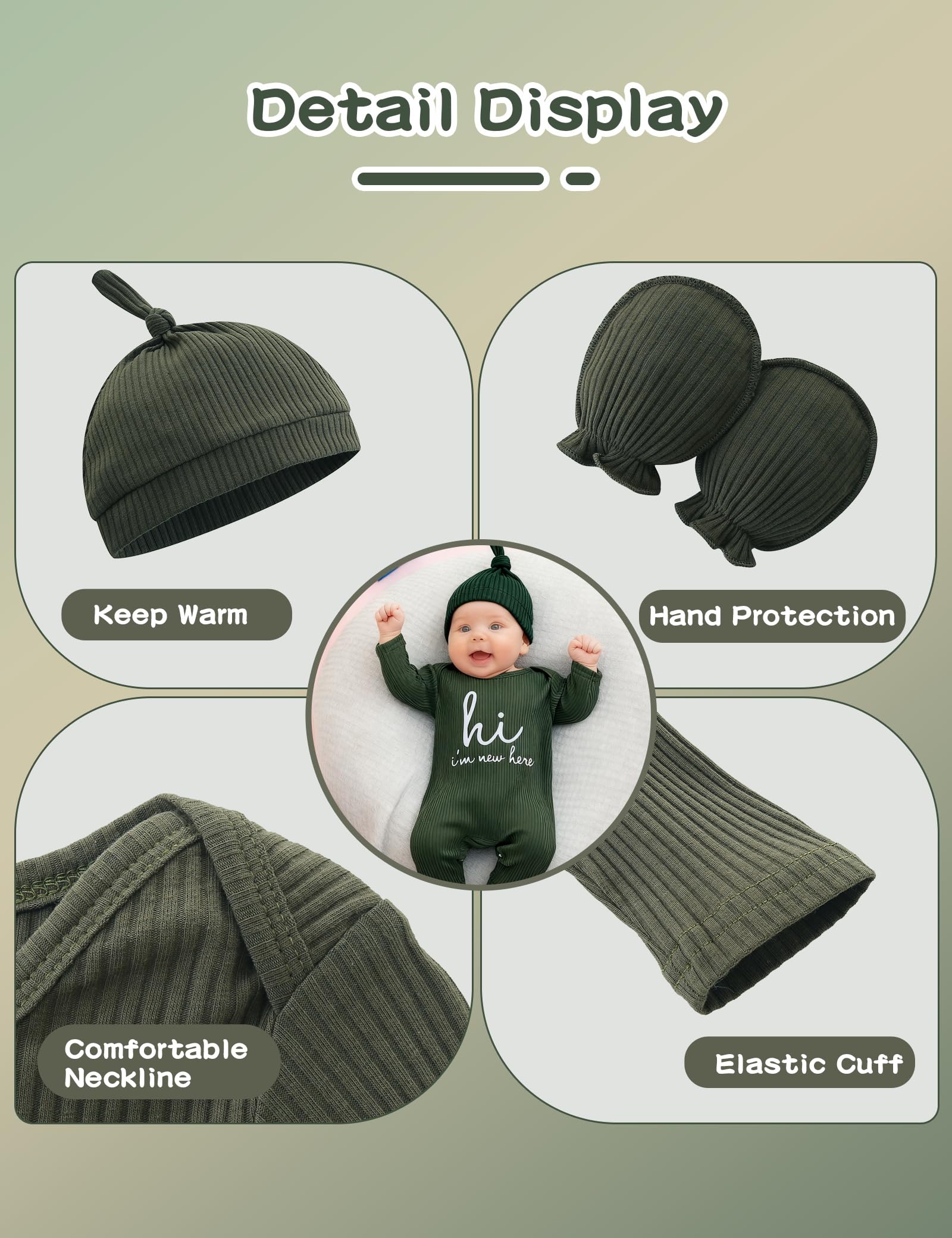 Unisex noworodek onesie prążkowane śpioszki dla małych dzieci z długim rękawem Pjs Jumpsuit kapelusz i rękawiczki