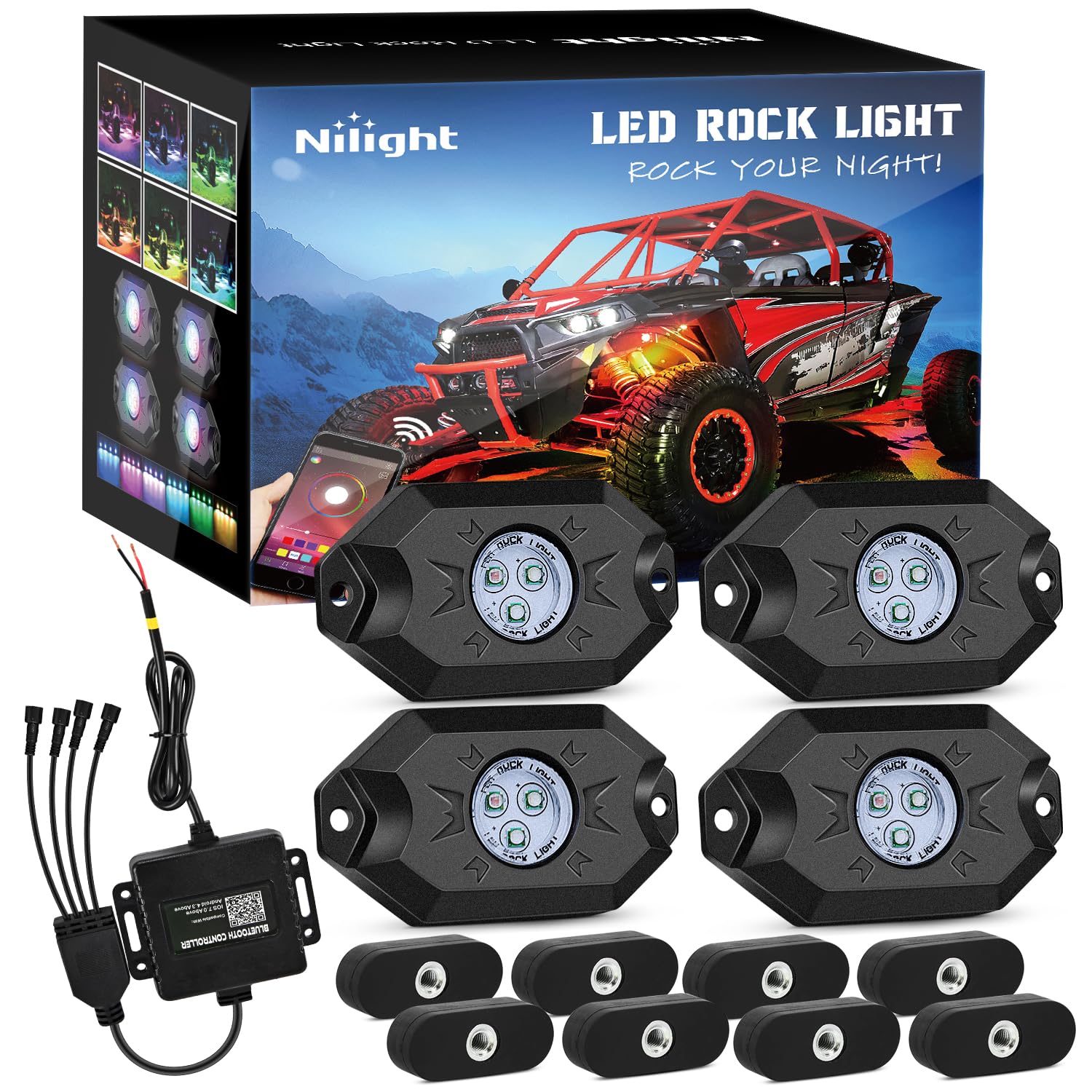 Nilight RGB LED Rock Lights Kit 4PCS Bluetooth App Control Multicolor