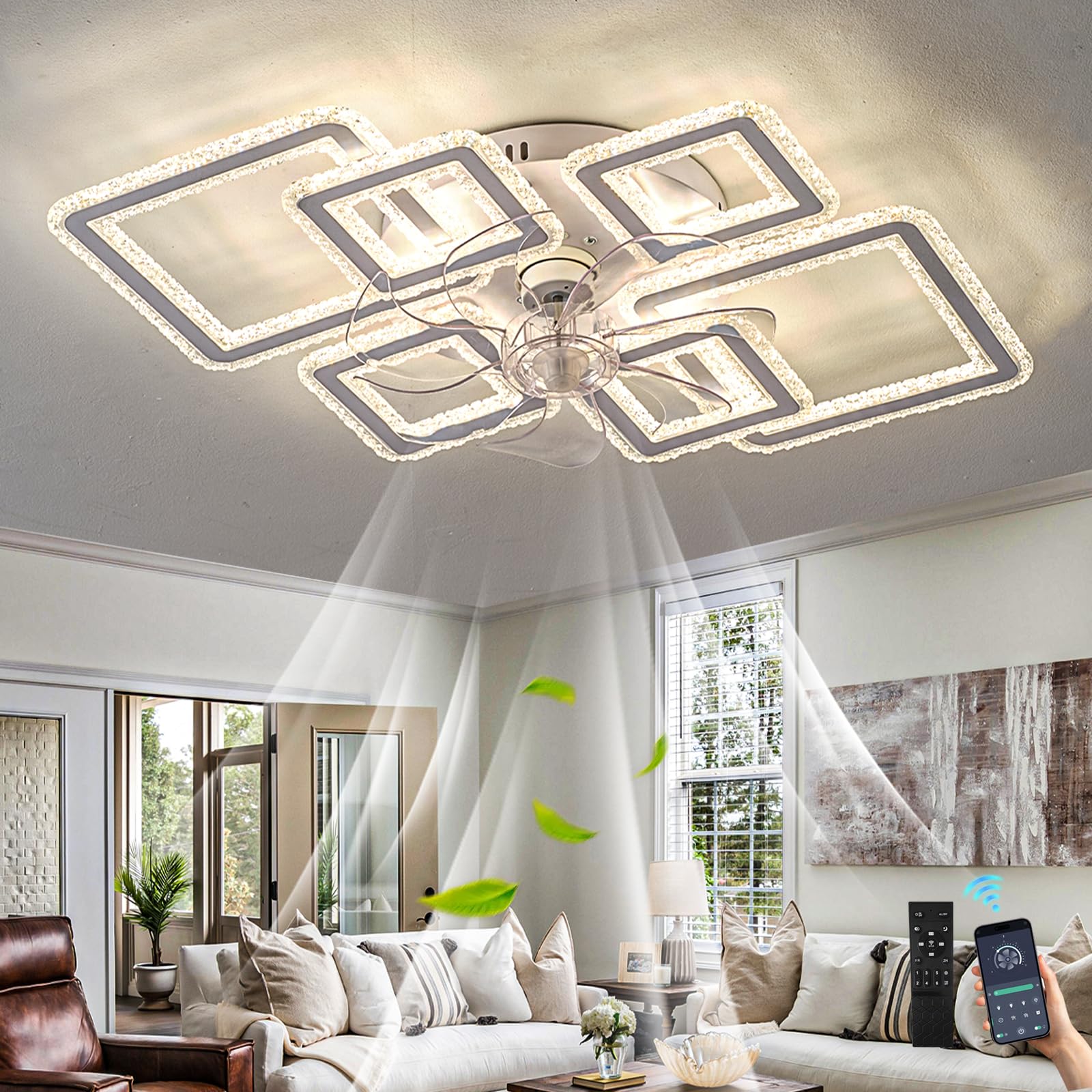 lnrosy Ceiling Fans with Lights and Remote,84cm Modern Smart Ceiling Fan Light,6 Speeds and 3000k-6500k Dimmable Led Silent Fan Lamp,for Bedroom,Living Room,Dining Room,Corridor,Study,White