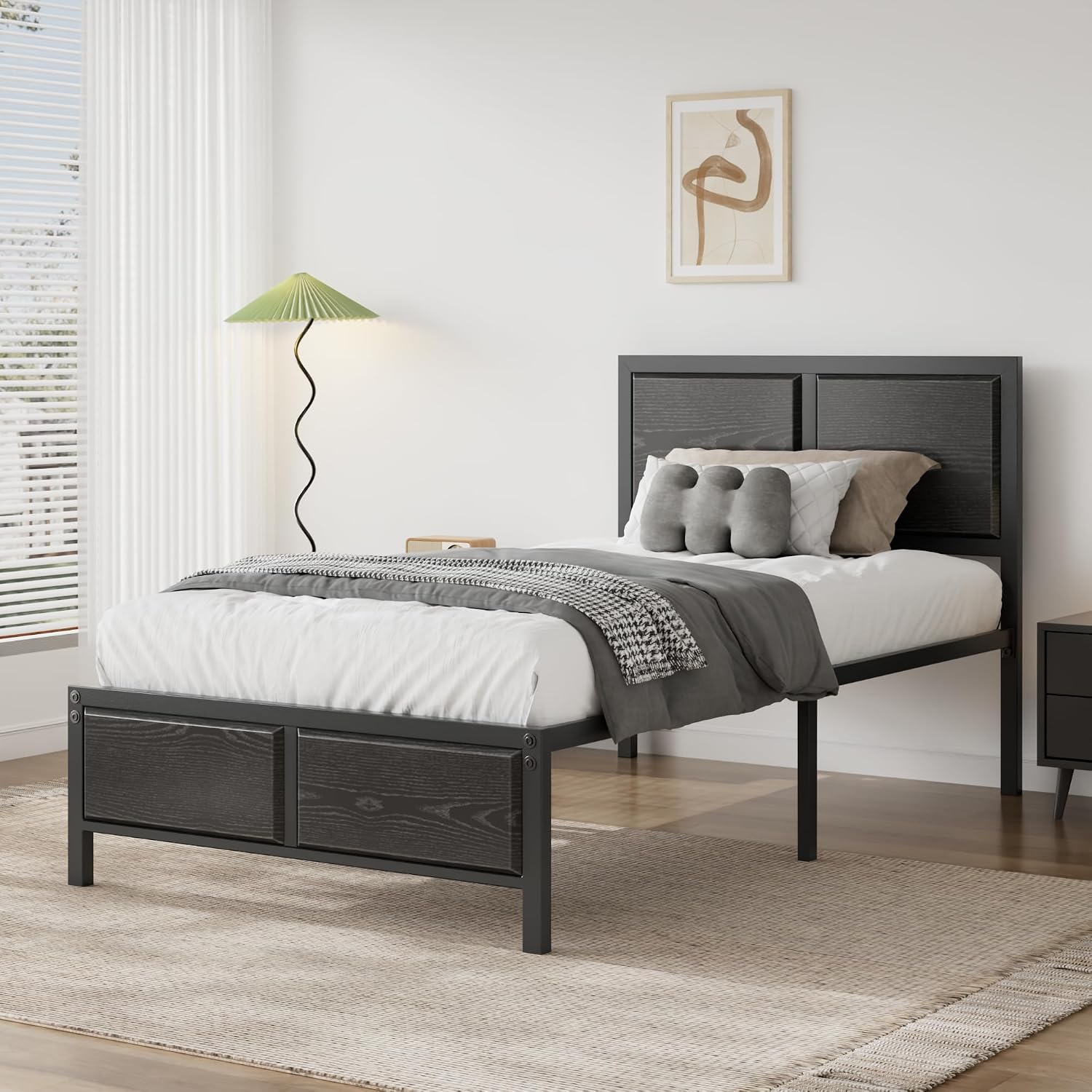VECELO Twin Bed Frame with Wood Headboard and Footboard, 14 Inch Platform Mattress Foundation, No Box Spring Needed, Heavy Duty Slats Support, Easy Assembly, Black