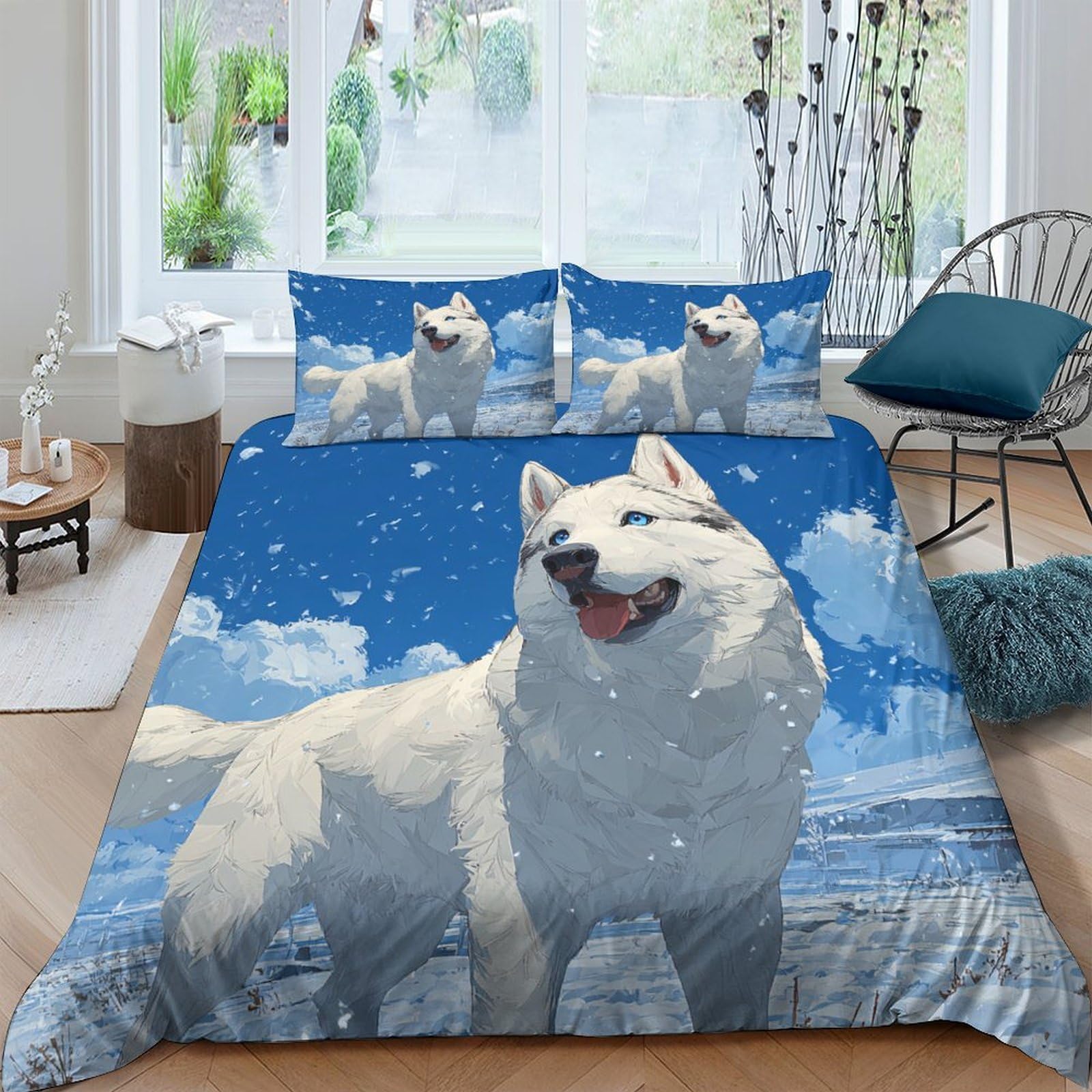 GPLZQXKJNH 3D Printed Arctic Wolf Duvet Cover Set Microfiber Soft Breathable Snow Mountain Bedding Set with 2 Pillowcases for Bedroom Decor Single（135x200cm）