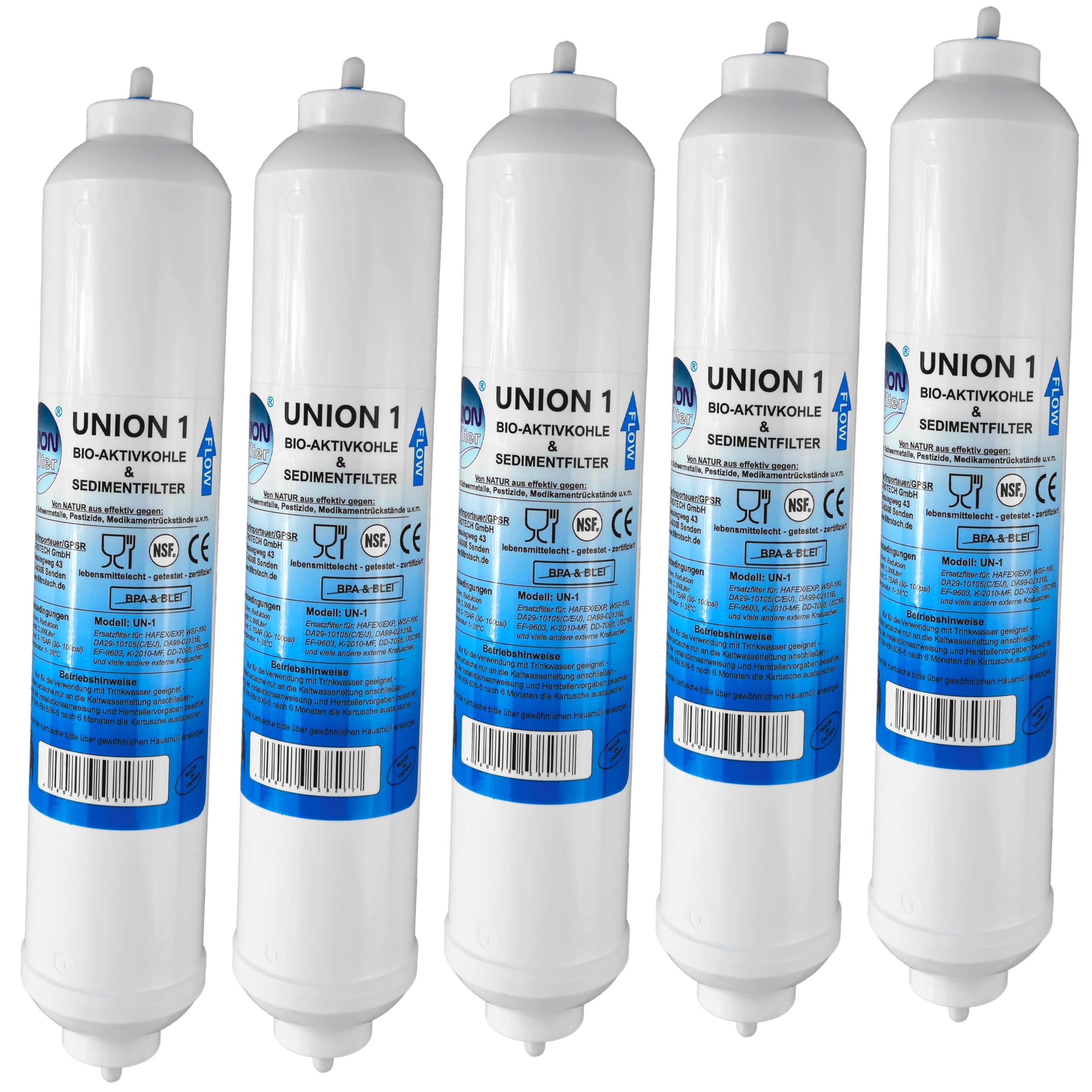UN-5. 5er Pack UNION Kühlschrankfilter für Kühlschrank Samsung, AEG, LG, Side by Side. Wasserfilter extern. Schlauch Anschluss ist fest integriert.