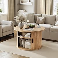 Vista 3 de FABATO Round Lift Top Coffee Table, Fluted Wood Accent Coffee Table with Hidden Storage and Open Shelves, Drum Table with Sliding Rolling Door