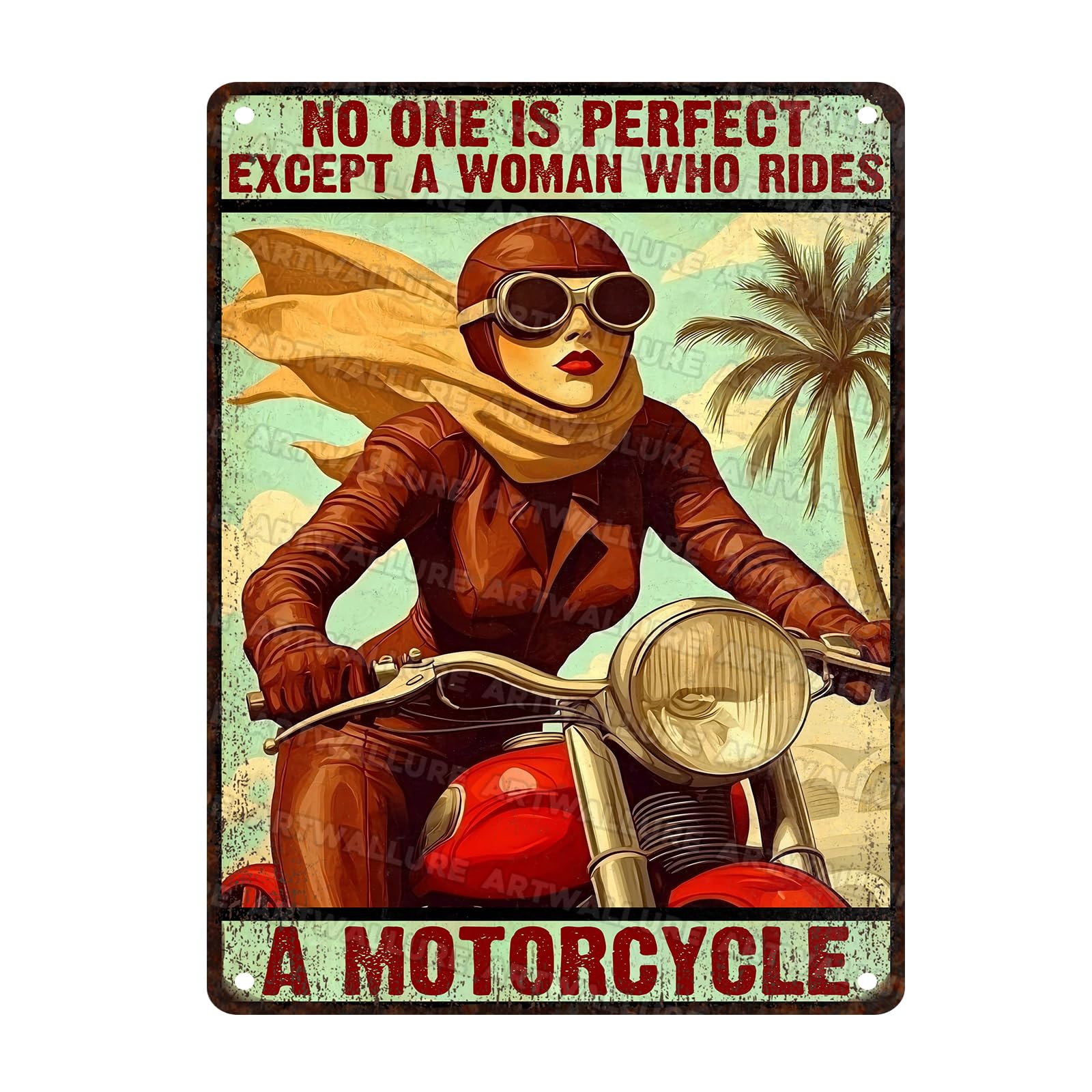 Motorcycles Vintage Sign Girl Biker No One is Perfect Except Woman Rides Motorcycle Metal Sign for Cafe Bar Restaurant Home Decor Room Decor 12x16inch