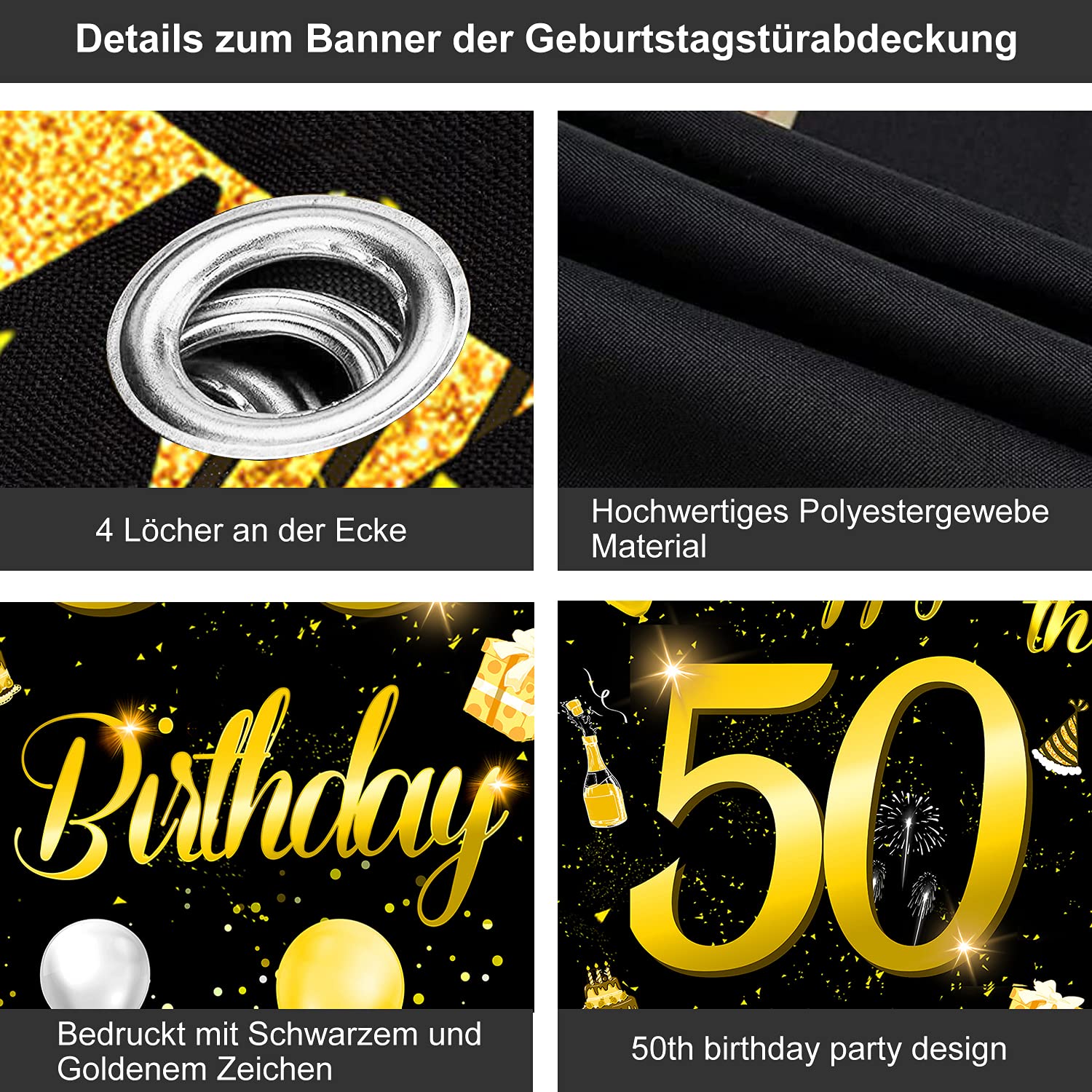 50. Geburtstag Banner Set – XXL 185x90 Cm Mit 8 Spiralhänger, Schwarz-gold, Für Tür & Wand