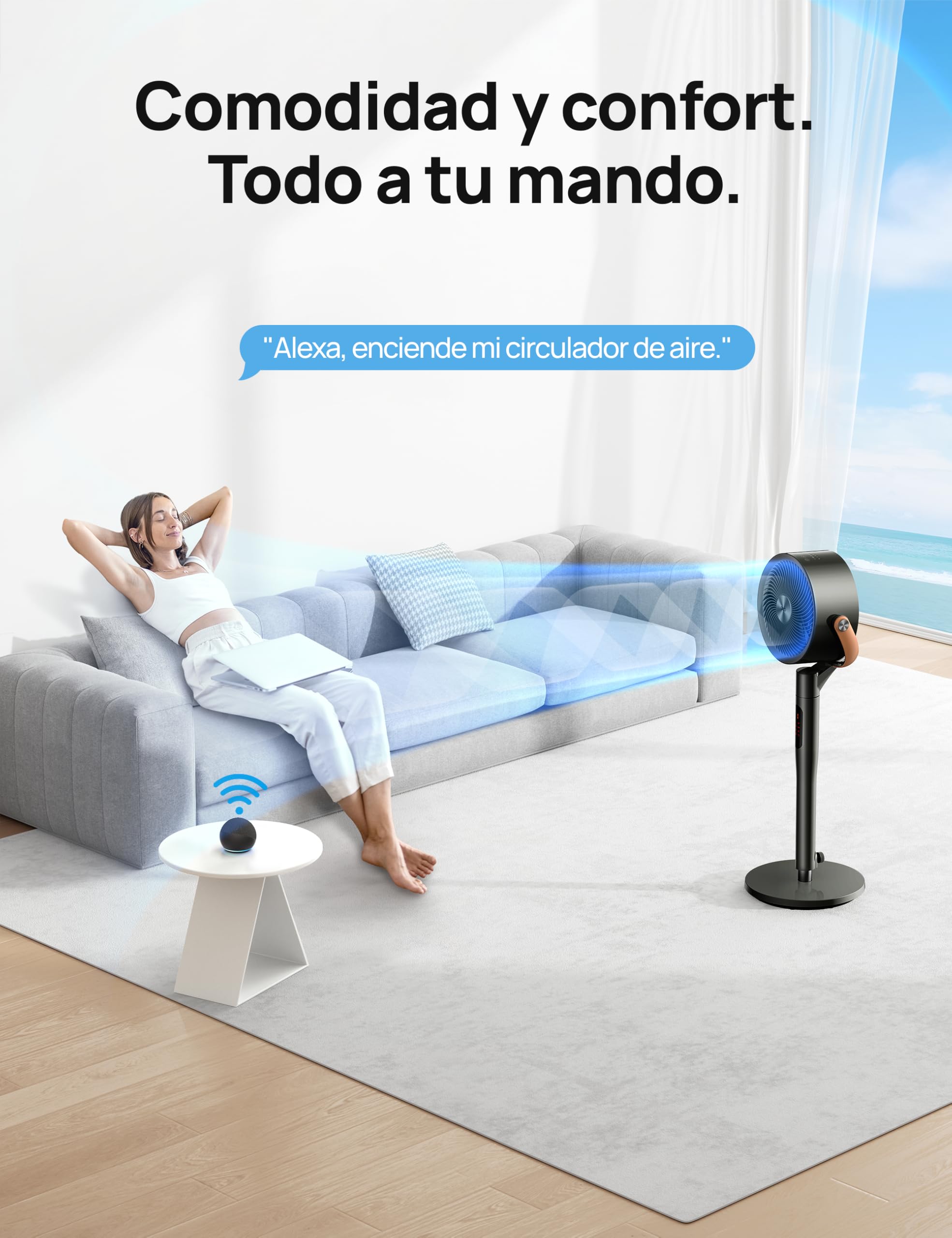 Dreo Smart Ventilador de Pie Silencioso 25dB, 30M de Viento, 1650m³/h Volumen de Aire, Turbo Circulador, Ventiladores Potentes con Mando, 6 Modos, 8 Velocidades, Oscilación Omnidireccional 120°+105°