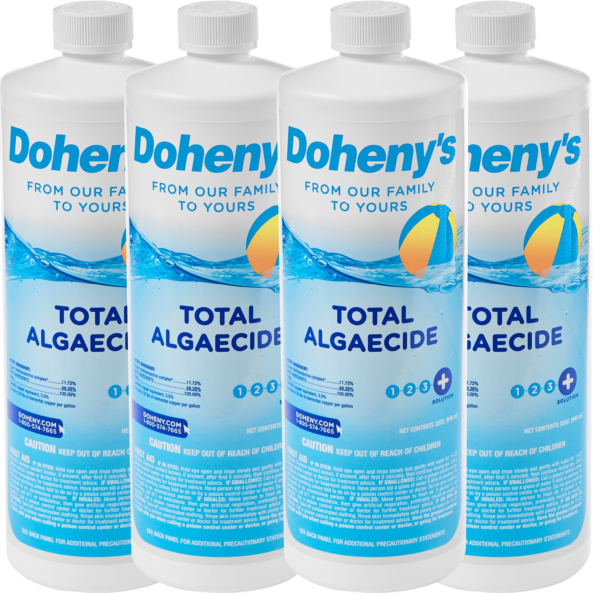 Doheny’s Total Algaecide | 100% Professional-Grade | Extra Strength &amp; Effective Against All Types of Algae | Non-Foaming &amp; Non-Staining Formula | 90-Day Prevention | Set of (4) - 32 Ounce Bottles