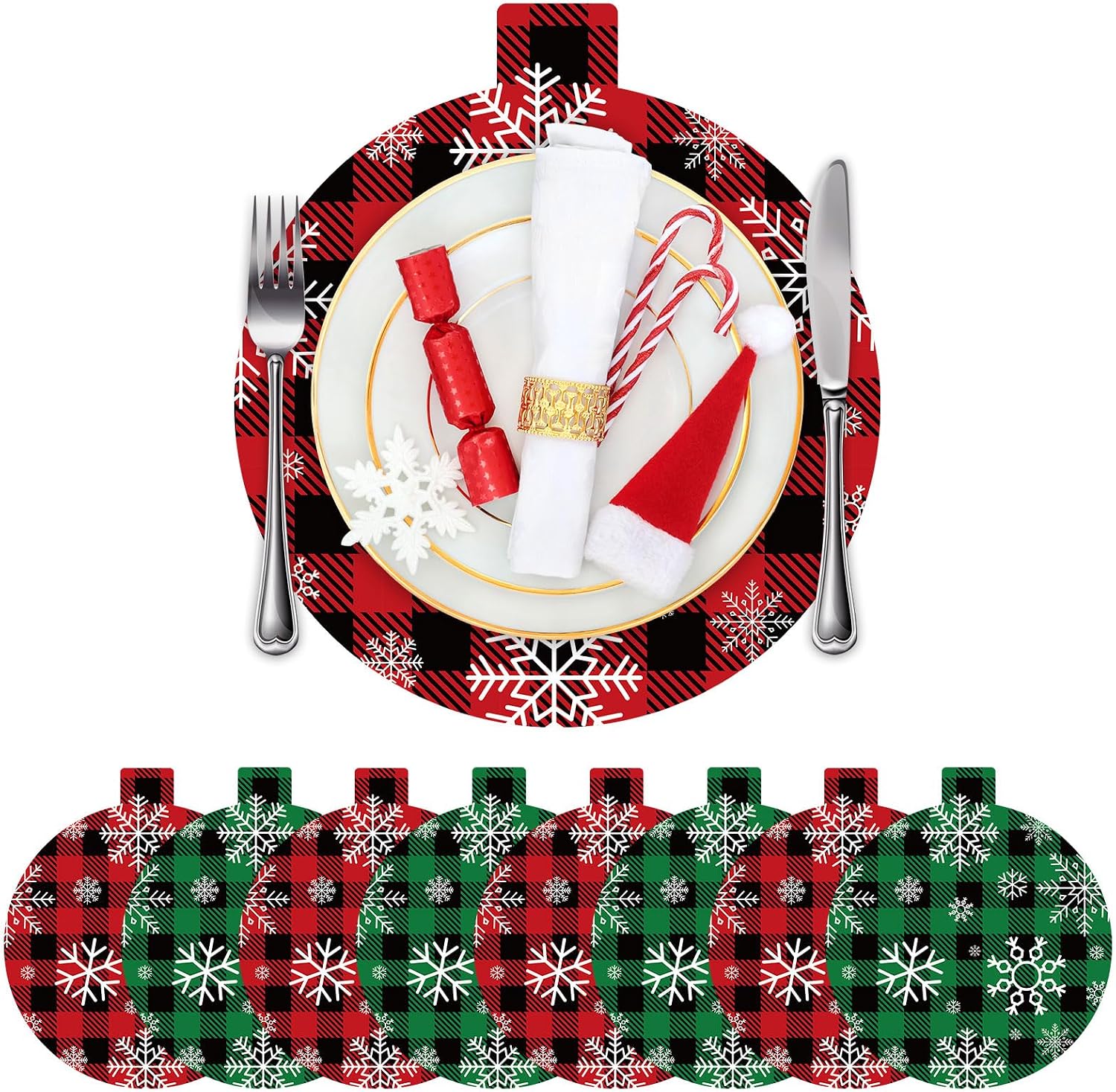 60PCS Christmas Buffalo Plaid Paper PlaceMats Christmas Plaid Snowflake Place Mat for Dining Table Spherical Disposable Placemats for Xmas Home Holiday Party Decor Supplies