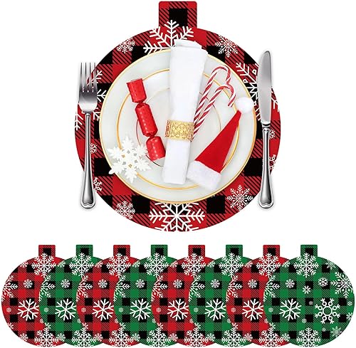 60 manteles individuales de papel a cuadros de búfalo de Navidad, copos de nieve, para mesa de comedor, manteles individuales desechables esféricos