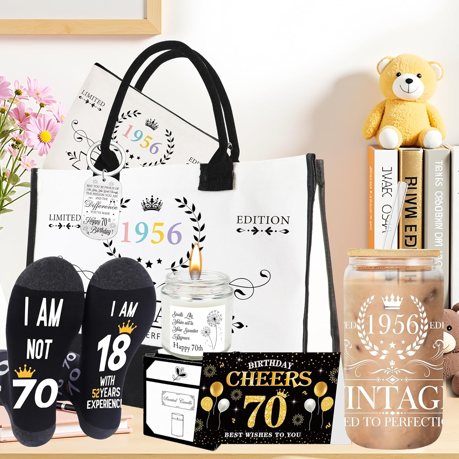30th 40th 50th 60th 70th 80th Birthday Gifts for Women with Canvas Tote Bag Makeup Bag Sock Glass Cup Candle Keychain - Image 3