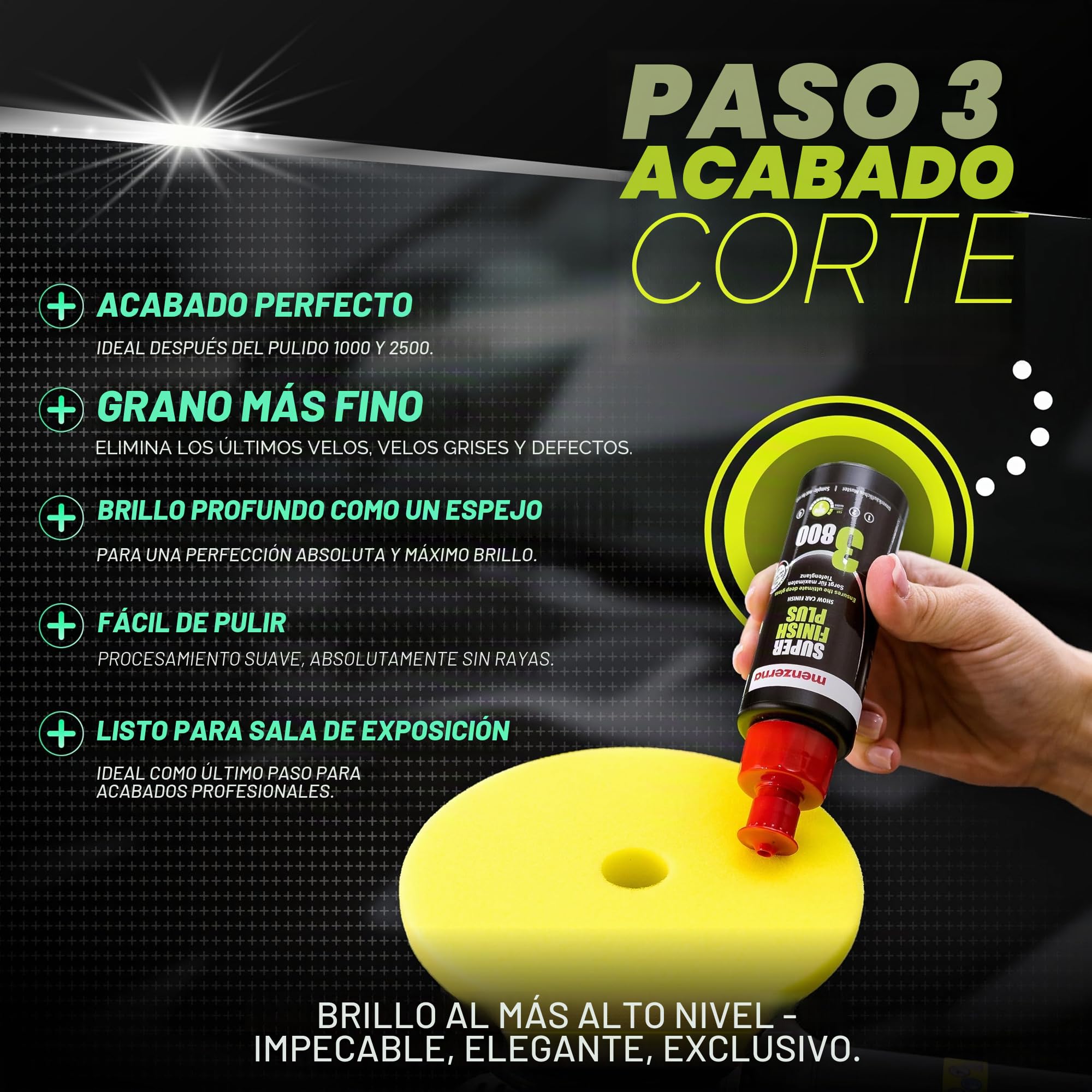Set de pulido Menzerna para auto | Pulidora excéntrica MZ-XR con plato de apoyo de 125mm + 3 x 100ml de pulidor + paños de pulido + sellado en aerosol | Carrera de 15mm 720W