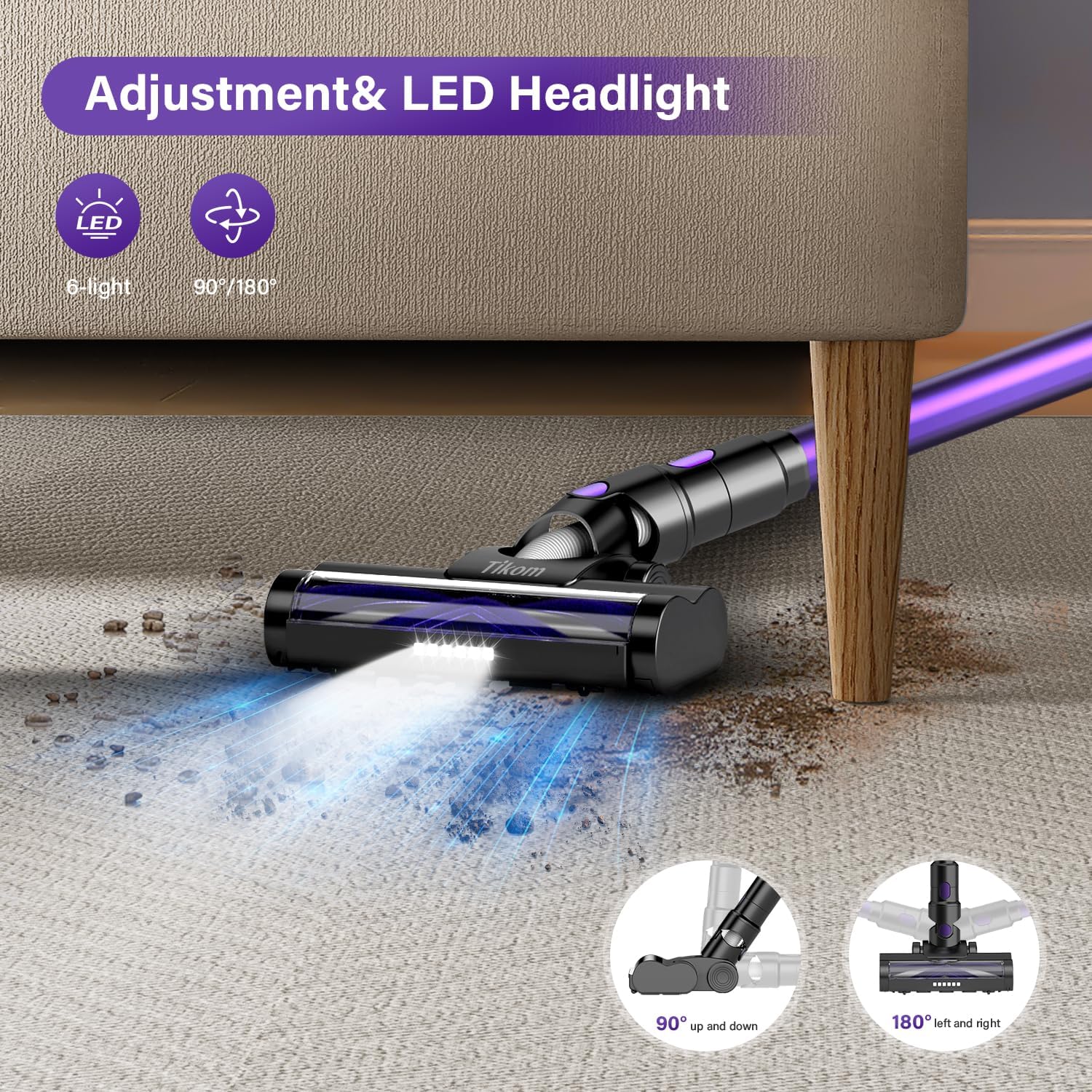 Image showing the Tikom V700's motorized cleaner head with 6 LED lights illuminating dirt under a couch, and diagrams illustrating its 90-degree up/down and 180-degree left/right rotation capabilities.