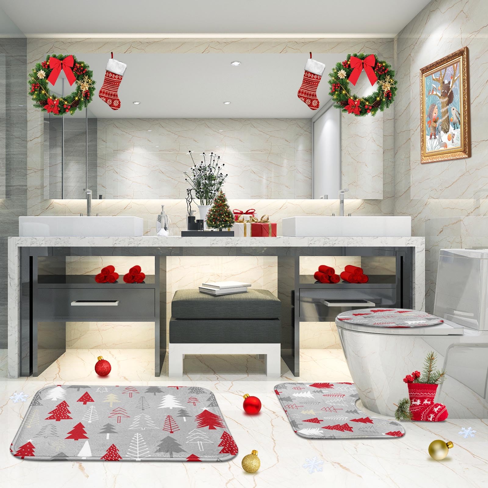 ArtSocket Juego de 3 tapetes de baño de Navidad, antideslizantes, absorbentes de invierno, de espuma viscoelástica, lavables a máquina, con diseño de árbol de Navidad
