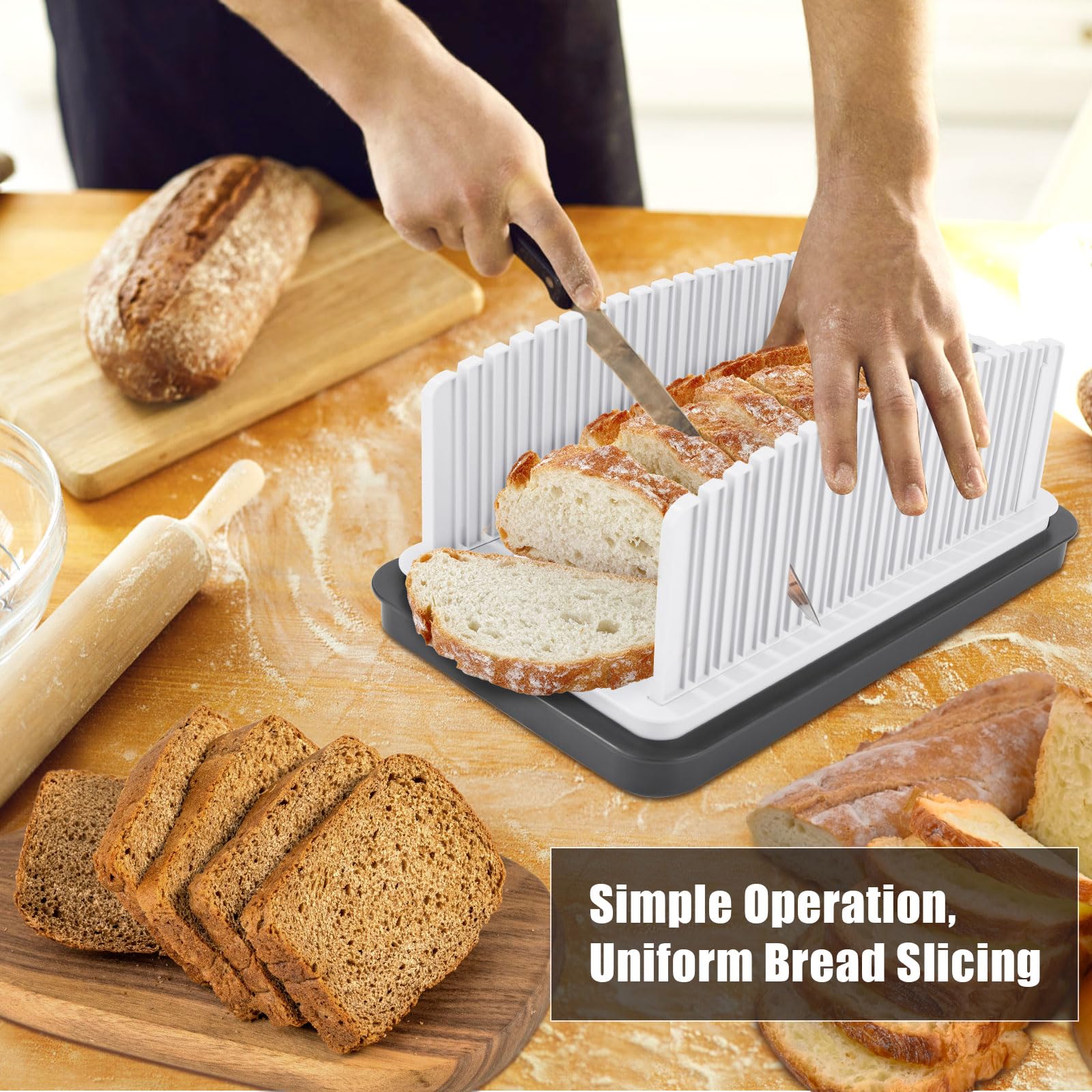 Trancheuse à Pain Pliable Avec Plateau Collecteur - Largeur Réglable Pour Pain Maison, Baguette Et Sandwich (Blanc)