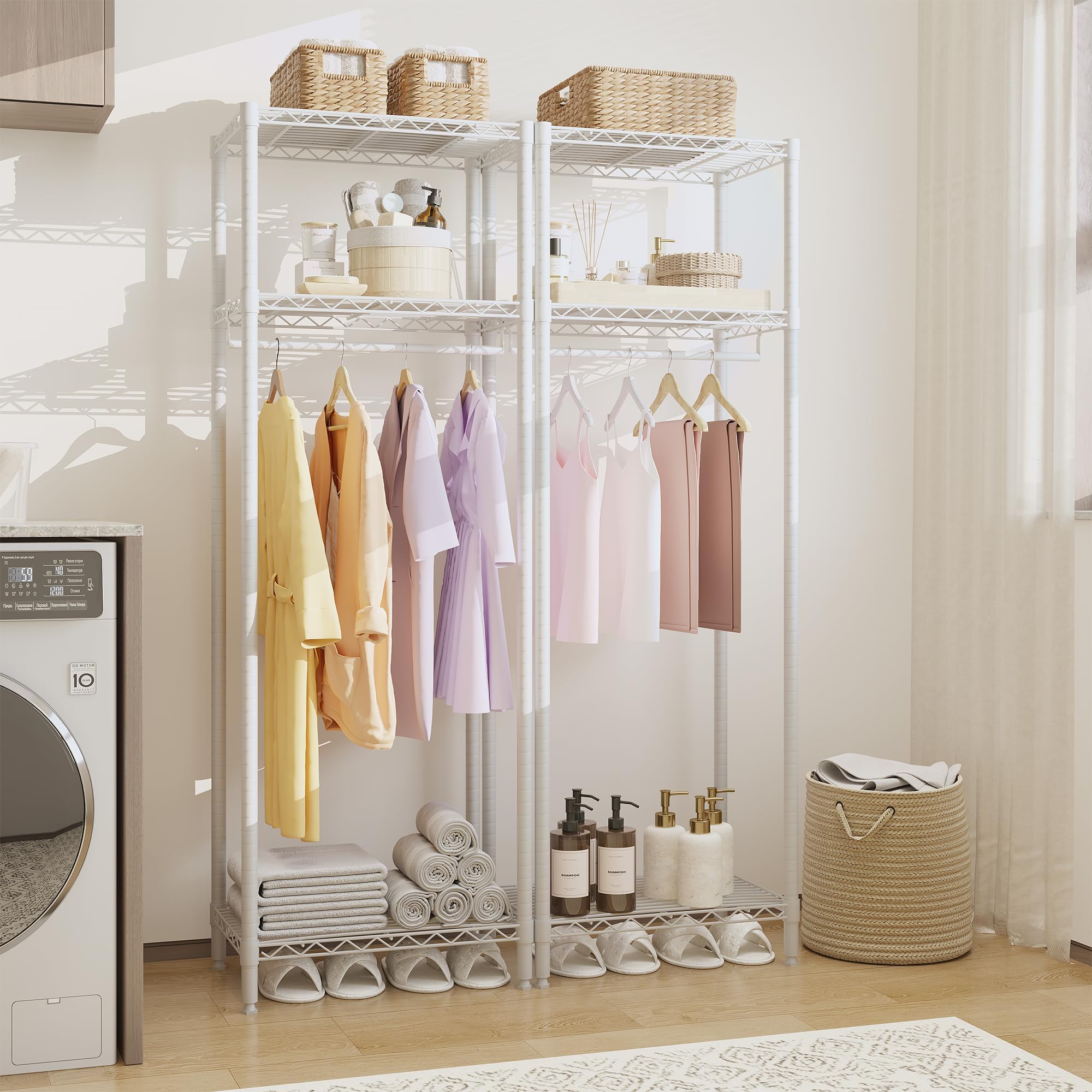 Perchero de Pie Mini Metálico, 3 Estantes y 1 Barra Colgadora, Blanco, 60x40x180 cm, Ahorro de Espacio para Dormitorio y Salón
