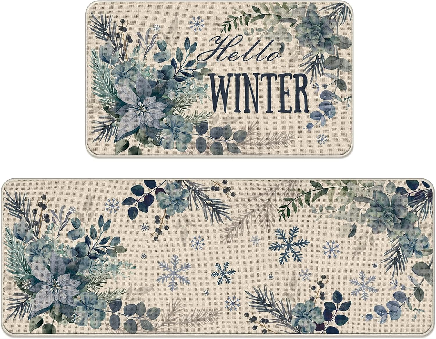 Winter Forest Reindeer Snowman Kitchen Rugs Set of 2, Snowy Pine Tree Gold Snowflake Floor Mats Home Decor, Woodland Cardinal Door Mat Decorations - 17x29 and 17x47 Inches