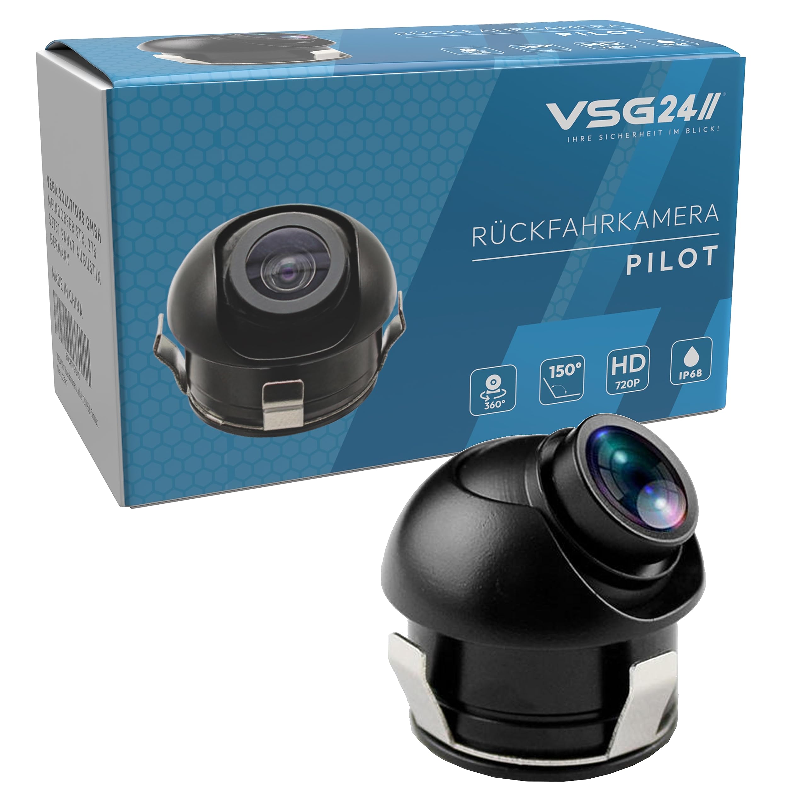 VSG24 mini telecamera per retromarcia, pilota, piccola fotocamera con cavo di prolunga, display con linee di distanza, orientamento flessibile, angolo di 150°, 12 V, IP68 – nero