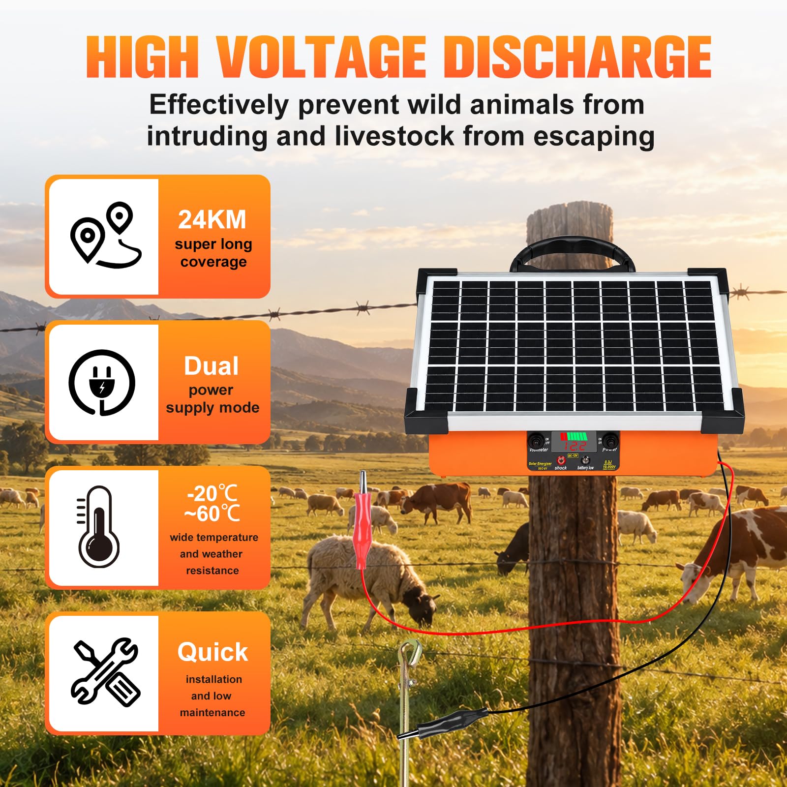 24 km Solar-Weidezaungerät 7,5W, 10.000 V Tag / 7.500 V Nacht automatische Umschaltung, 0,3 J Smart-Impuls (1,5-3,0S), LCD-Batteriestandanzeige, IPX4 Allwetter-Set für Rinder, Pferde, Wildschutz
