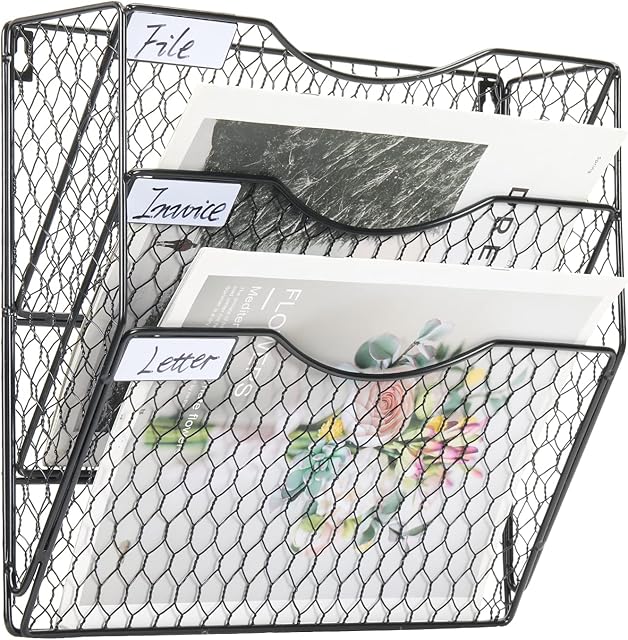 EasyPAG 3 Tier A4 Chicken Wire Mesh in Tray Wall Pocket File Holder Mail Organiser Magazine Storage Rack,Black