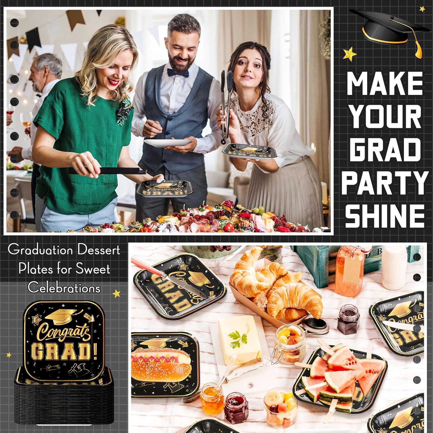 Funnymoom 120 Pcs 7 Inch Graduation Plates 2026 Graduation Party Supplies Disposable Paper Plates Cocktail Class of 2026 Party Favors for Congrats Grad Decorations(Black and Gold)
