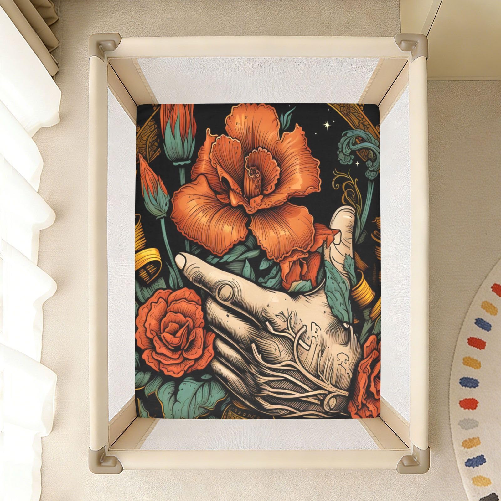 Arte De Flor Naranja Rosa Roja Sábana de Cuna para Niños Pequeños,Sábanas de Algodón Suave para Bebés Aptas para Colchón Corralito