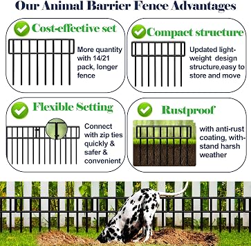 14 Pack Fence Panels 19.5 Ft(L) X 13Inch(H)Animal Barrier Fence - No Dig Fence Panels Dog Dig Fence Barrier Metal Small Garden Fence Border for Dog Rabbit Defense Bottom Blocker for Outdoor Yard Patio