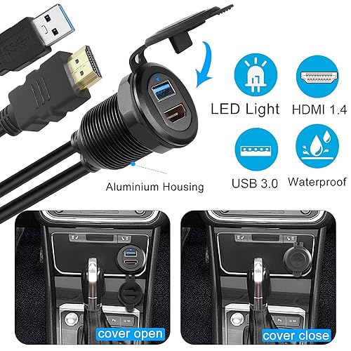 Miniatura 2 de QIANRENON USB3.0 y HDMI - Cable impermeable para automóvil, USB3.0+HDMI 1.4 roscado, cable de extensión de datos de montaje fijo, luz LED, carcasa