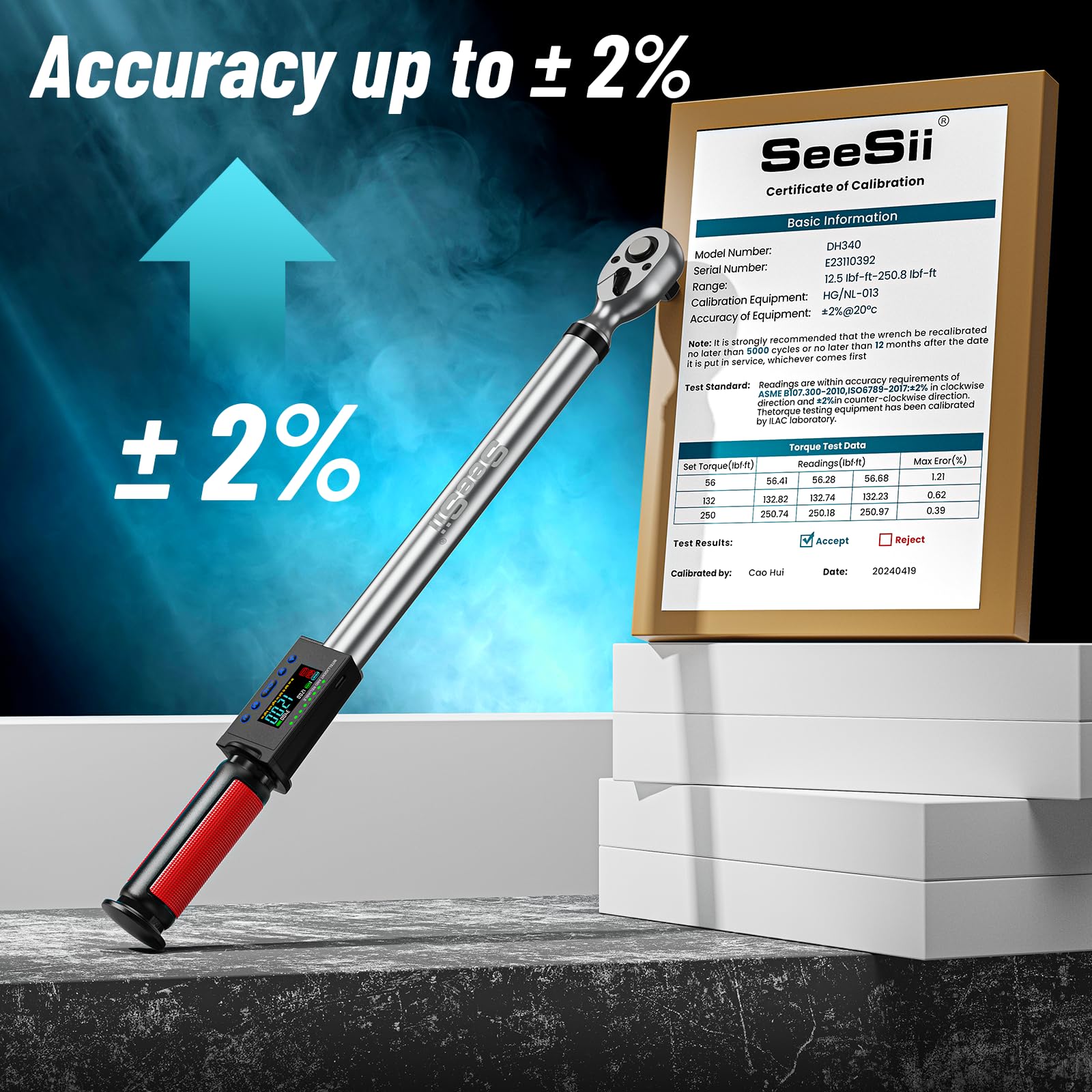 Seesii Llave dinamométrica digital, accionamiento de 1/2 pulgada (340 Nm), precisión de torque del 2%, ajuste de 3 velocidades, con luz LED y zumbador para mantenimiento del vehículo DH340