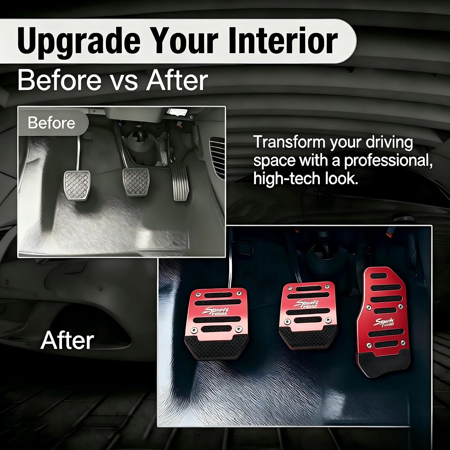 3 PCS Car Non-slip Pedal Pads Set, Alloy Scratch-resistant Manual Transmission Brake Pad Cover, Sporty-style Striped Accelerator Protector, for Most Cars, Trucks, SUVs (Red)