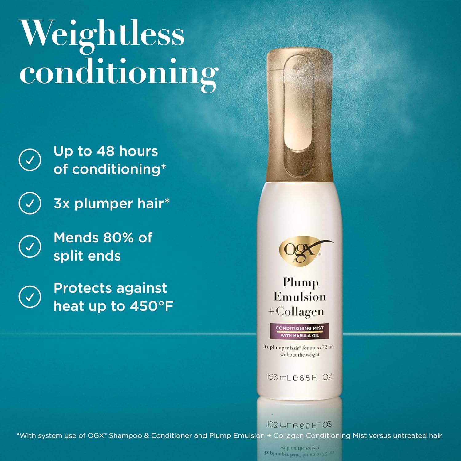 OGX Plump Emulsion + Collagen Conditioning Hair Mist, Volumizing Hair Spray with Marula Oil for 3x Plumper Hair* for up to 72 Hours Without the Weight, 450°F Heat Protection, 6.5 fl. oz