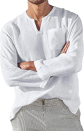 Men's Cotton Linen V-Neck Shirt - Casual Long Sleeve Beach Shirt ...