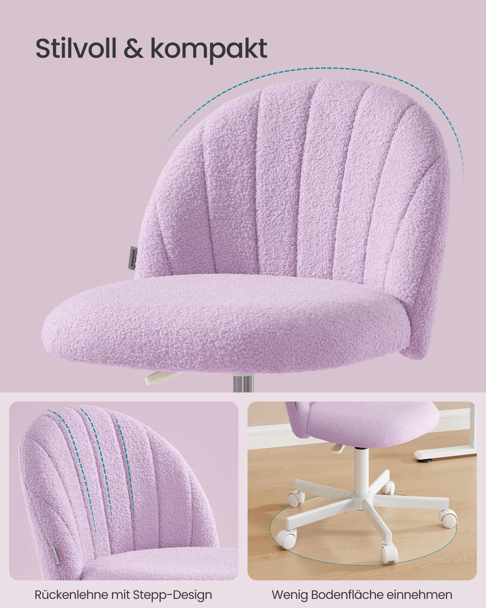 SONGMICS Homeoffice-Stuhl, Schminkstuhl aus Teddy-Fleece, Schreibtischstuhl, Schaumstoffpolsterung, höhenverstellbar, für Arbeitszimmer, Schlafzimmer, Ankleidezimmer, lila OBG027P101