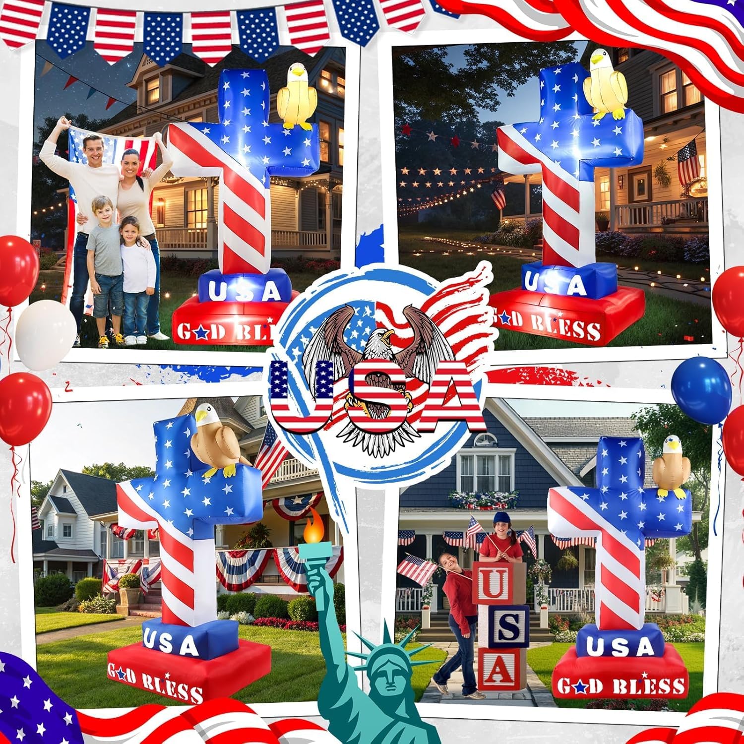 4th of July Inflatables 8FT Patriotic Inflatable Outdoor Decorations Blow Up Cross with American Flag LED Lights Memorial Day Fourth of July Independence Day Blow Ups Holiday Garden Yard Décor
