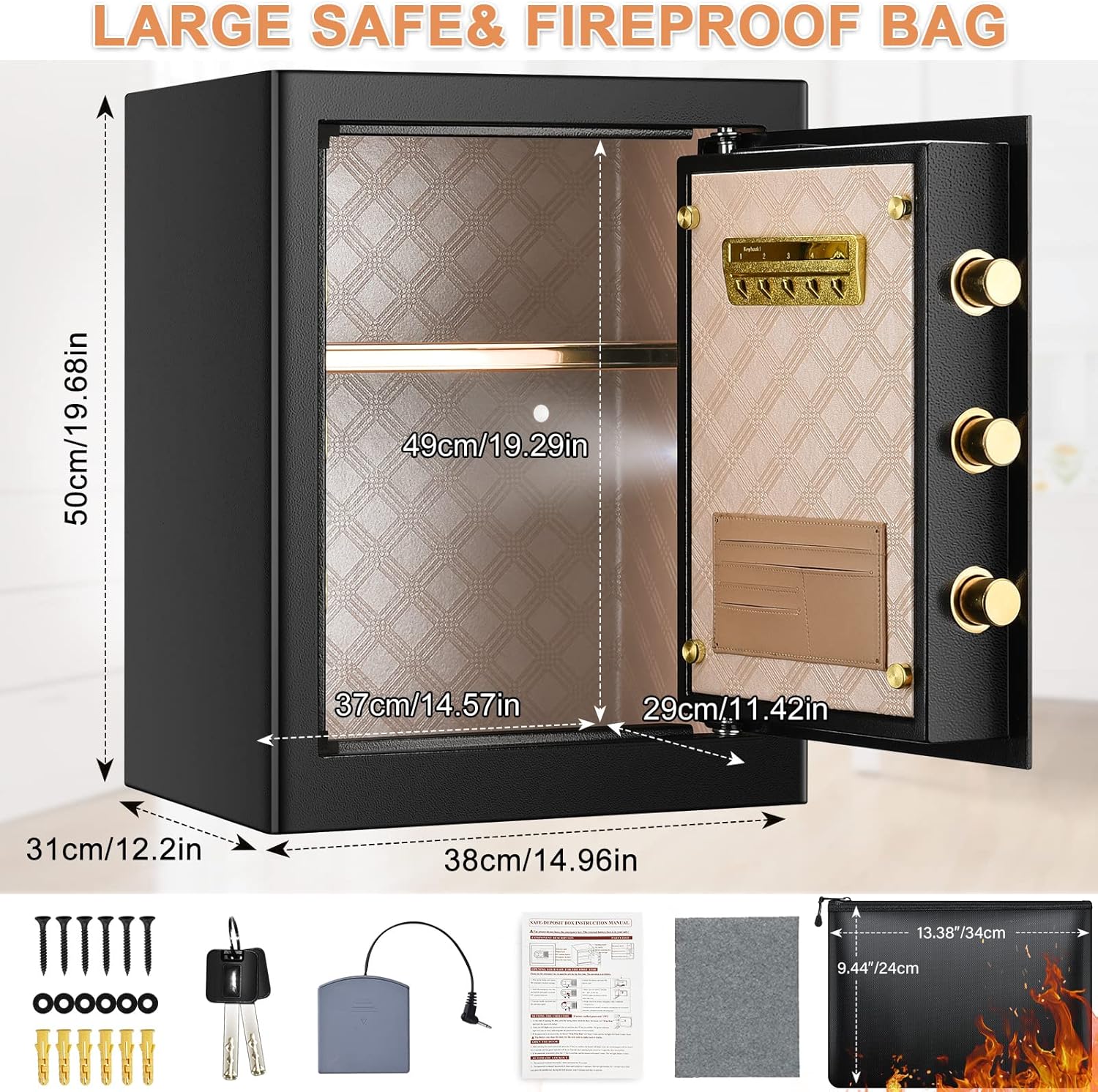 2.2 Cub Large Fireproof Safe Box with Waterproof Fireproof Document Bag, Security Home Safe with Inner LED Light and Emergency Battery Box, Digital Lock Safe for Gun Cash Jewellery Important Document Medicines - - 