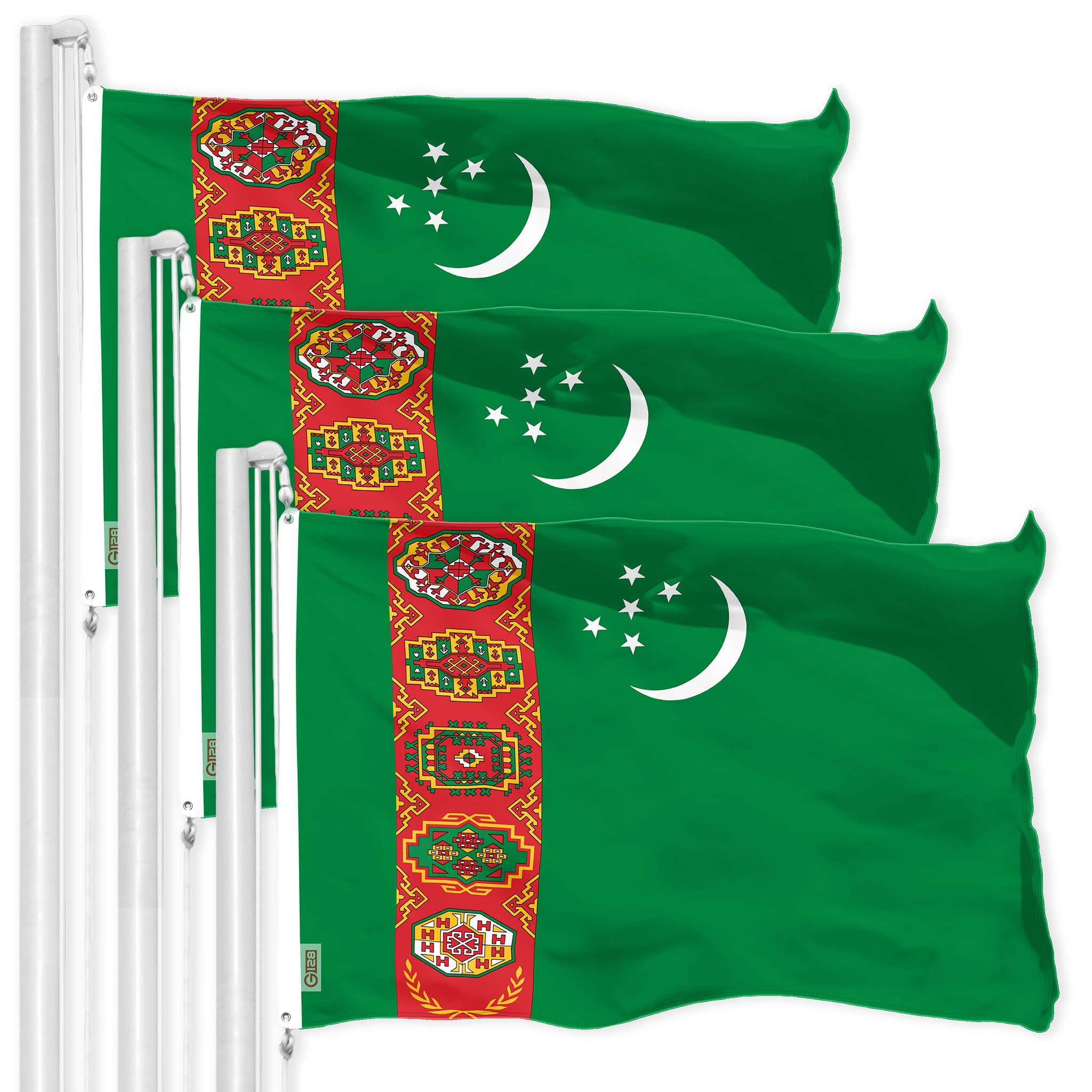 G128 3 Pack: Turkmenistan Turkmenistani Flag | 3x5 Ft | LiteWeave Pro Series Printed 150D Polyester | Country Flag, Vibrant Colors, Brass Grommets, Thicker and More Durable Than 100D 75D Polyester