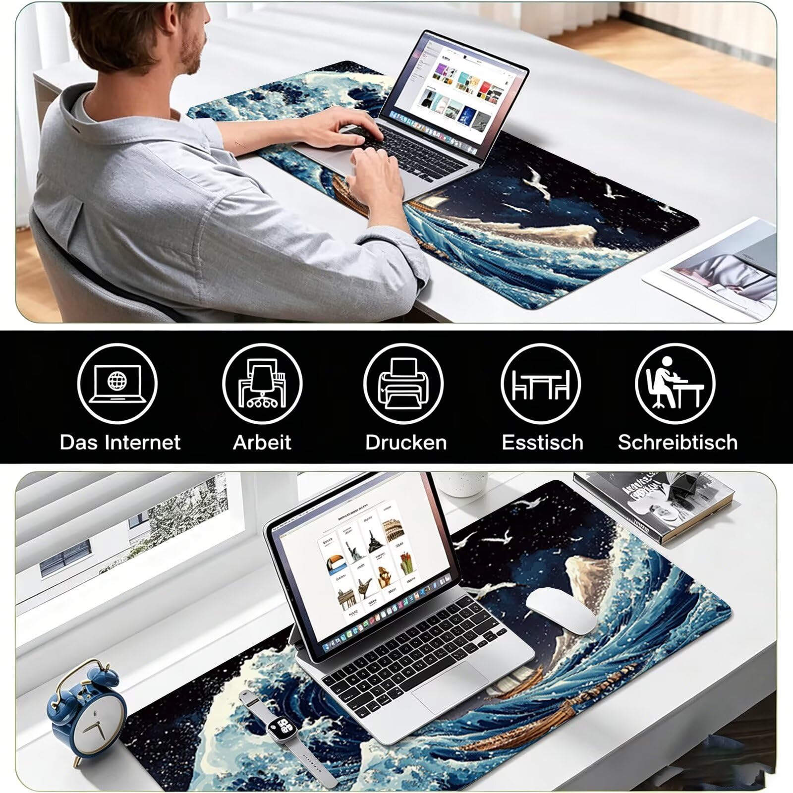 Tappetino Mouse Gaming, 1200x600mm Tappetino Mouse XXL nero 0c0-314 | Mouse Pad Grande, Ottimizzato per i Sensori da Gioco, Migliora Precisione e Velocità, per Mac e PC, onde