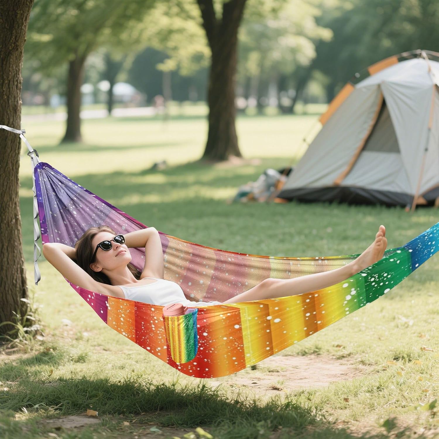 Pride Month Rainbow Stripe Hammocks for Camping with Hanging Rope Backyard Hammock for Camping Travel Accessories