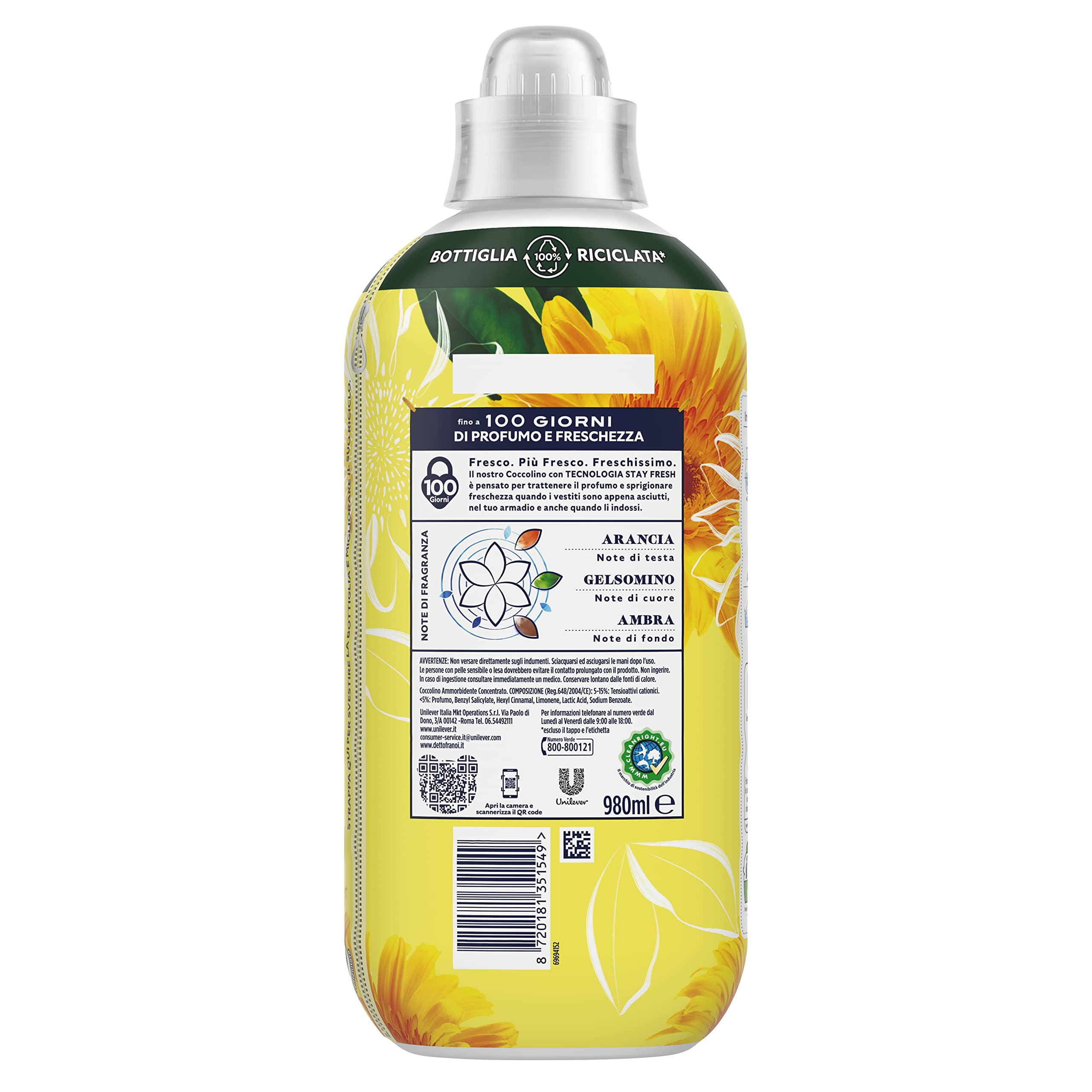 Coccolino Weichspüler Konzentrat Sonnenstrahl, Weichspüler Waschmaschine mit Stay Fresh Technologie, Duft Orange, Jasmin und Bernstein, Format bis zu 336 Waschgänge, 8 Stück à 980 ml