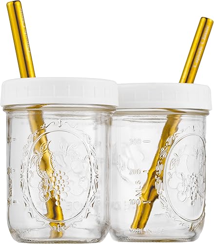 Tazas reutilizables para batidos de boca ancha para té Boba, Tazas de té de burbujas con tapas y popotes dorados, Frascos de vidrio con forma de