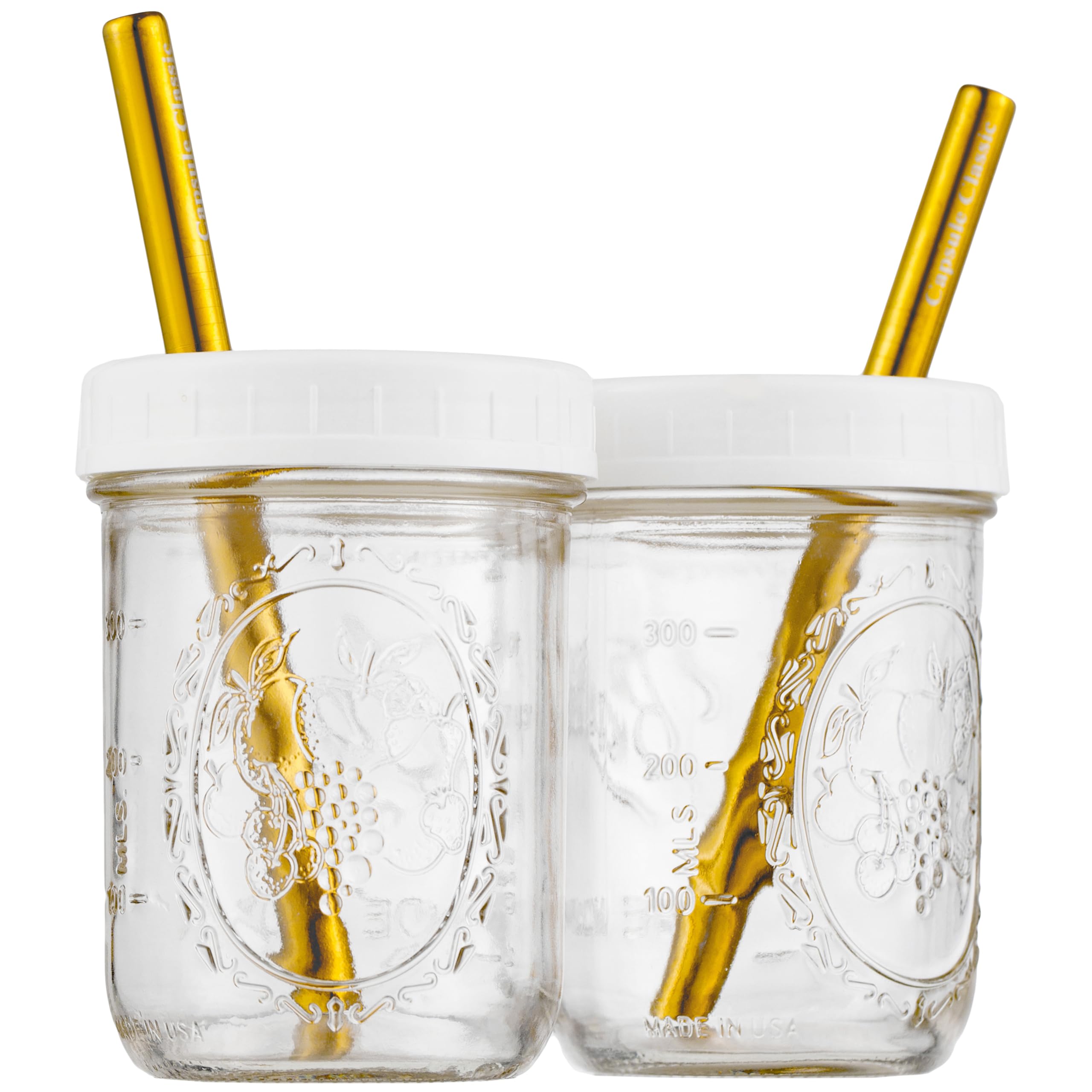 Reusable Wide Mouth Smoothie Cups for Boba Tea/Bubble Tea with Lids and Gold Straws, Mason Jars Glass Cups (2-pack, 16 oz) Brand