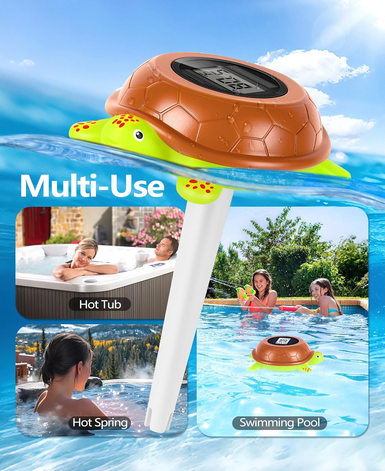 PoolLeader 2026 Solar Digital Pool Thermometer with Rope | Backlit LCD Display for Easy Read at Night | ±0.5℉ High Accuracy, 10s Fast Response | Turtle Pool Temperature Thermometer for Hot Tub, Spa